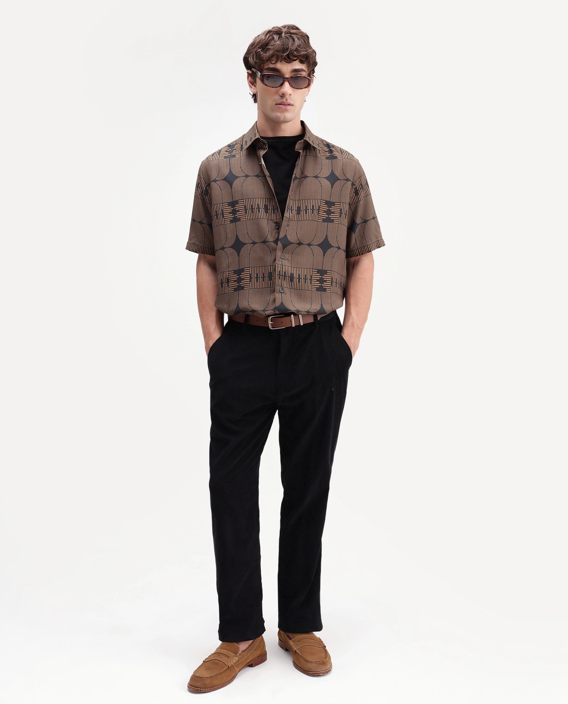 Rare Rabbit Men's Sleek Black Viscose Spread Collar Button Regular Geometric Print Shirt