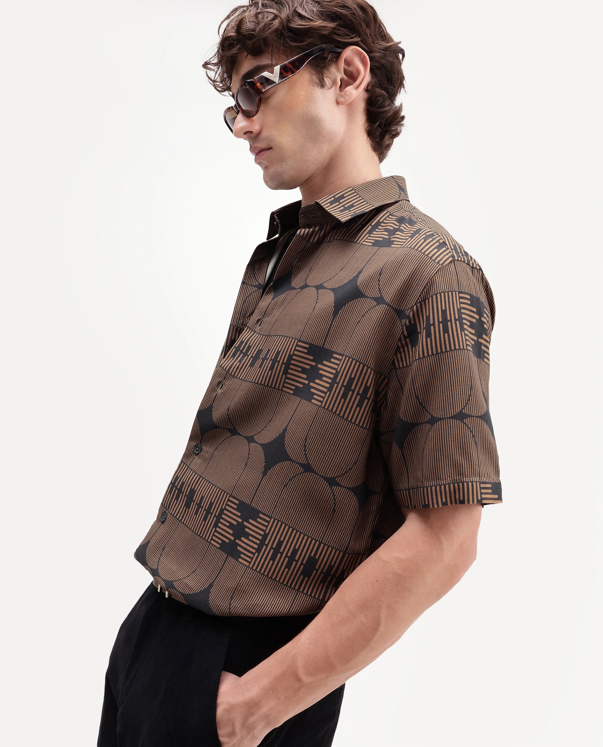 Rare Rabbit Men's Sleek Black Viscose Spread Collar Button Regular Geometric Print Shirt