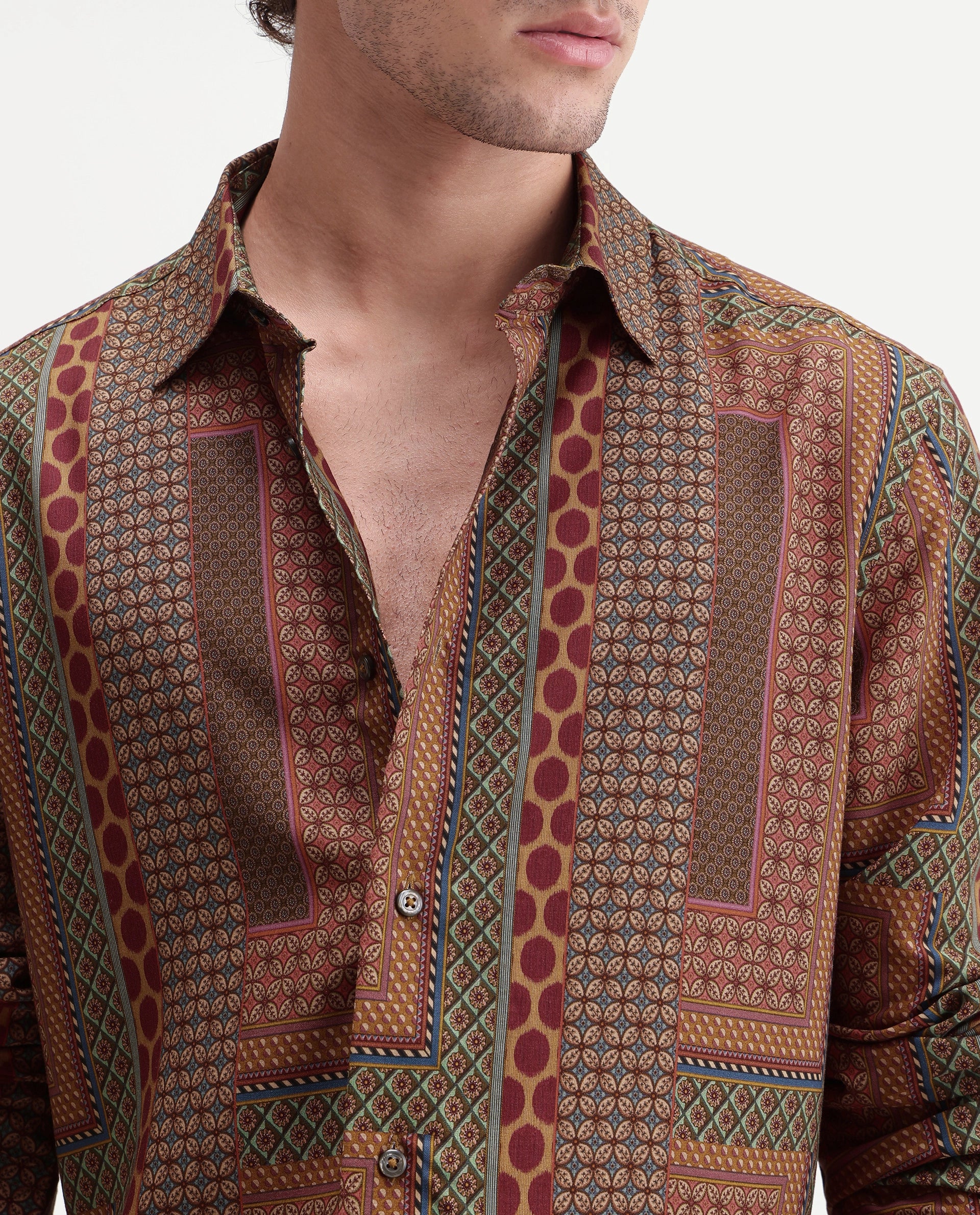 Rare Rabbit Men's Tyvi Multi Viscose Spread Collar Button Regular Geometric Print Shirt
