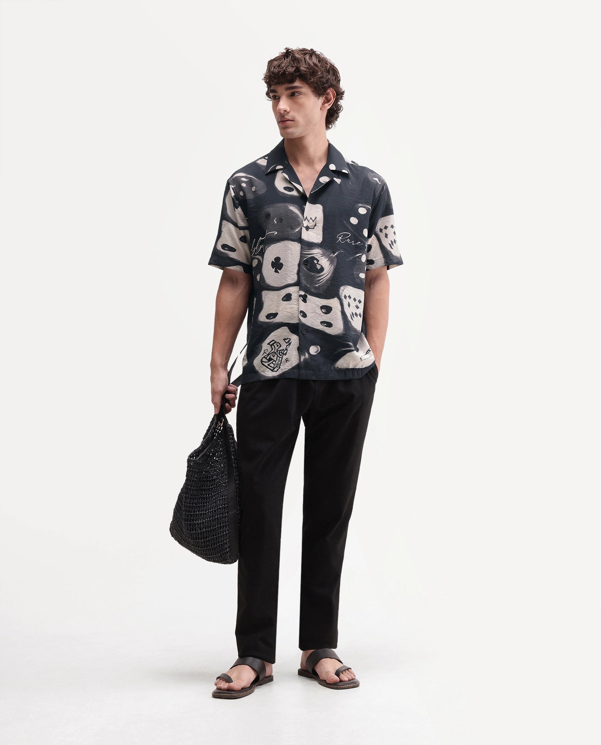 Rare Rabbit Men's Roll Black Viscose Blend Cuban Collar Button Relaxed Abstract Print Shirt