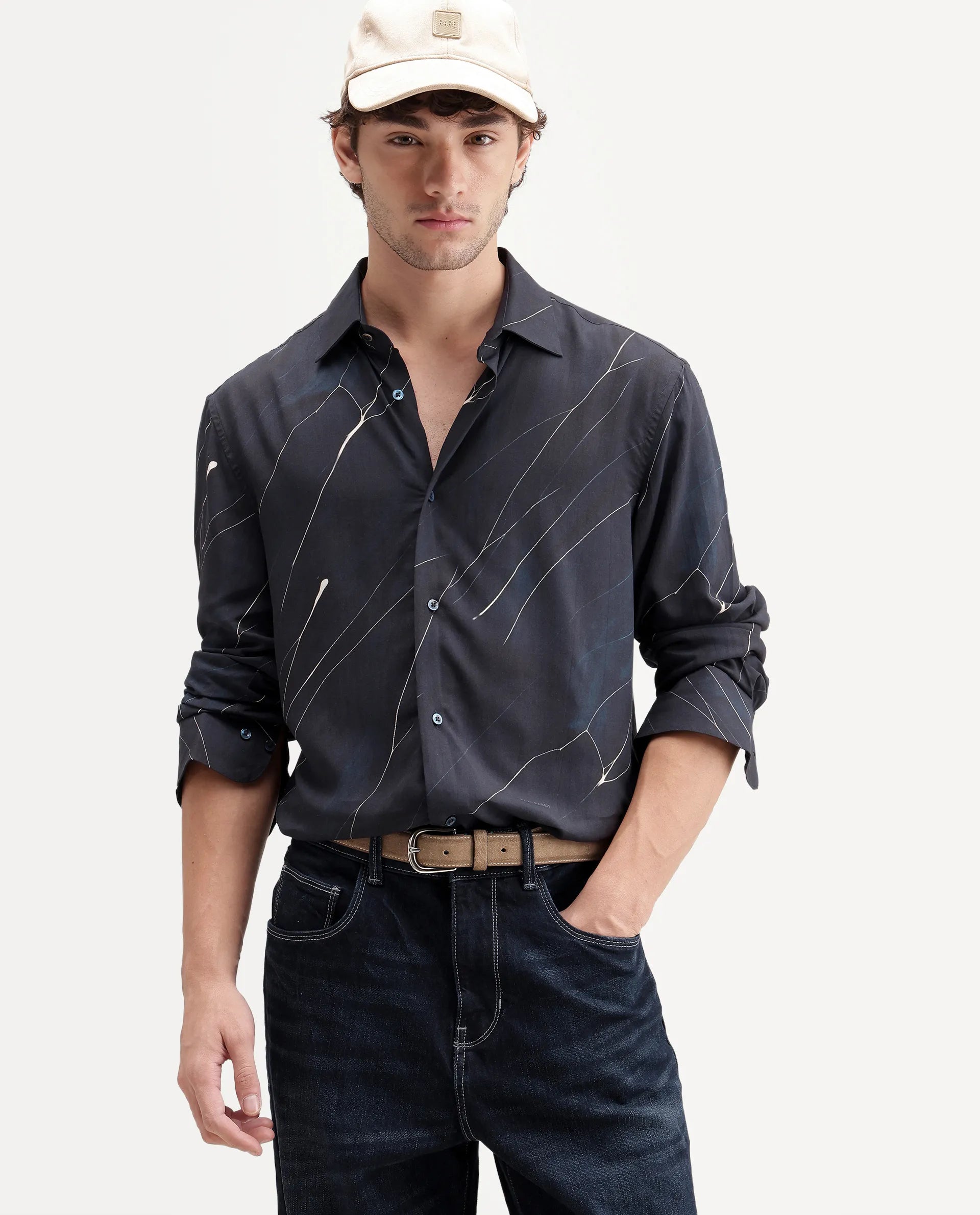 Rare Rabbit Men's Goky Dark Navy Viscose Spread Collar Button Regular Abstract Print Shirt