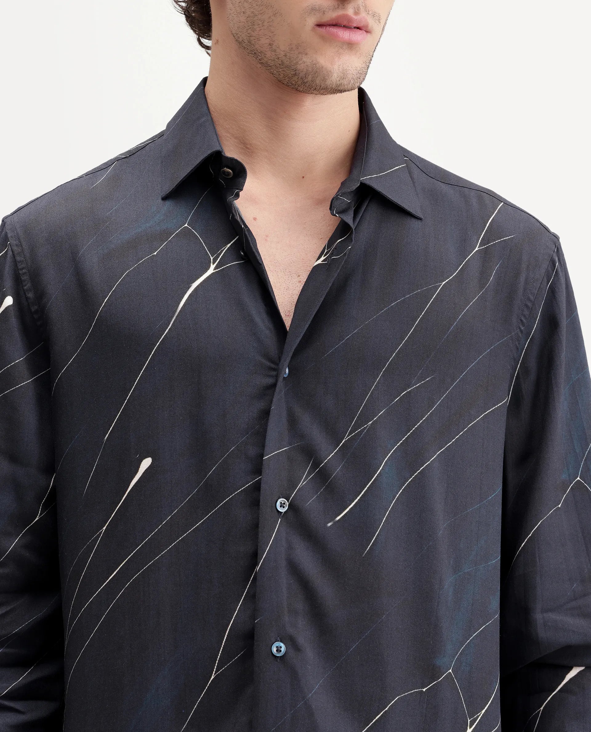 Rare Rabbit Men's Goky Dark Navy Viscose Spread Collar Button Regular Abstract Print Shirt