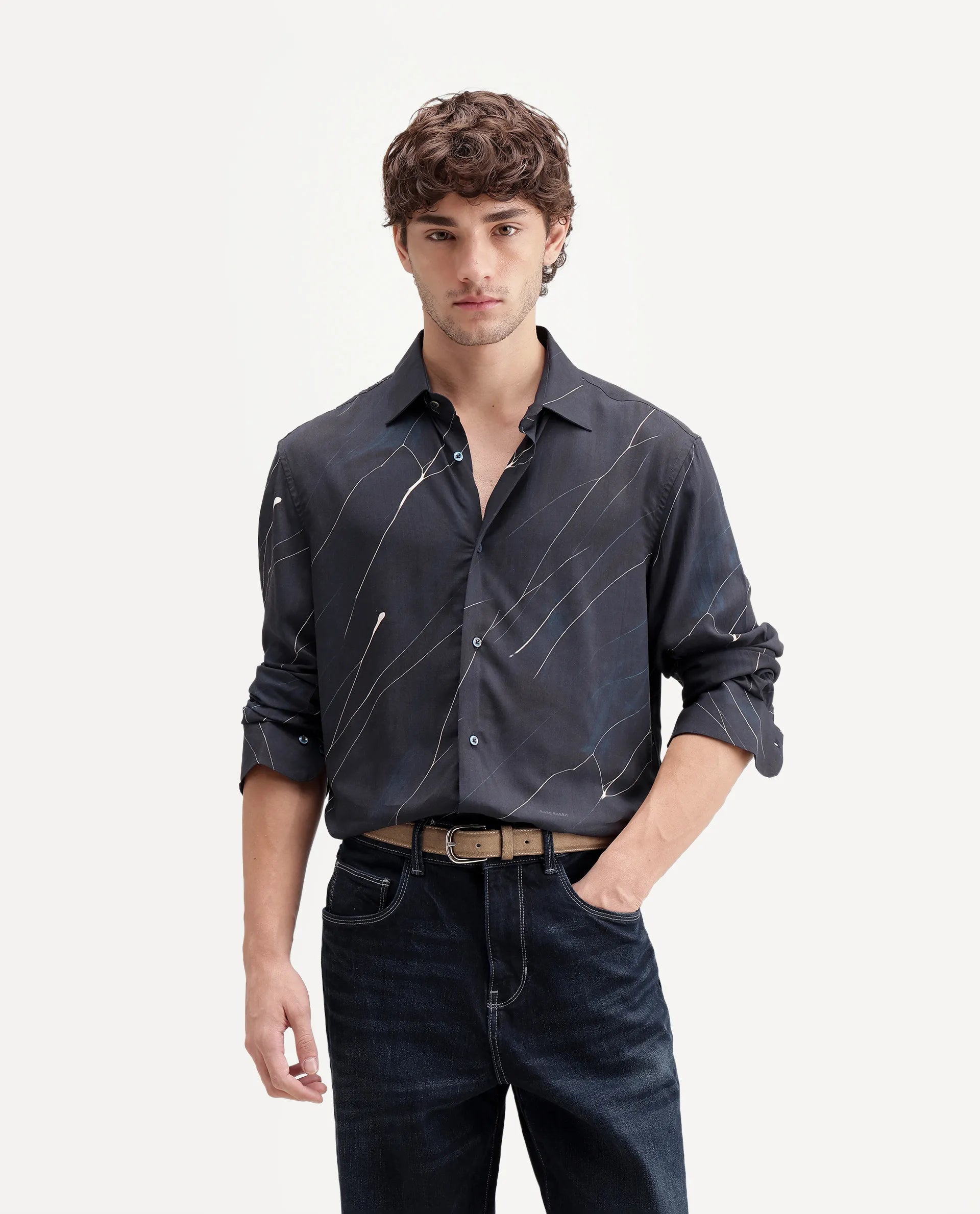 Rare Rabbit Men's Goky Dark Navy Viscose Spread Collar Button Regular Abstract Print Shirt