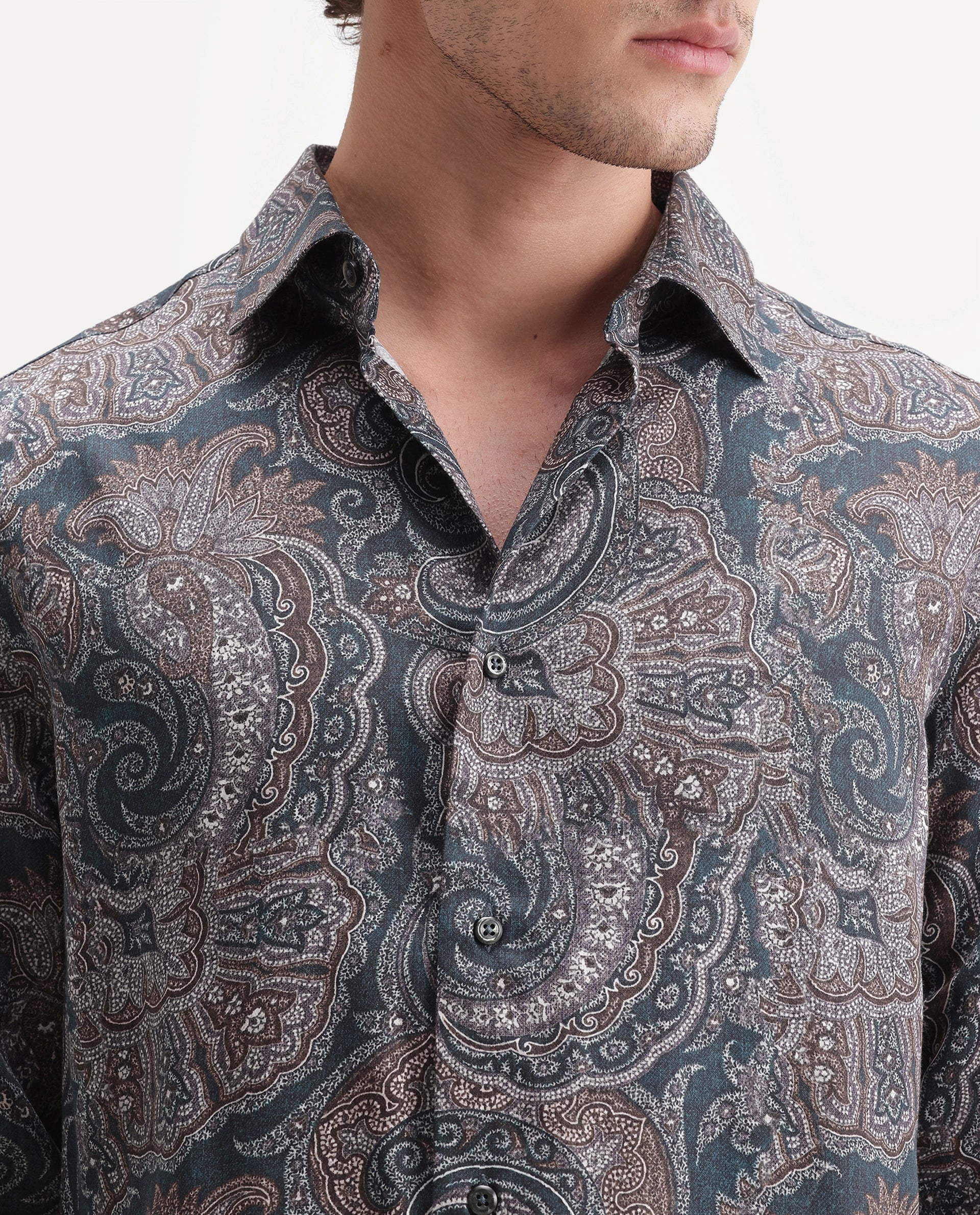 Rare Rabbit Men's Lome-1 Dark Green Cotton Blend Spread Collar Button Regular Paisley Print Shirt