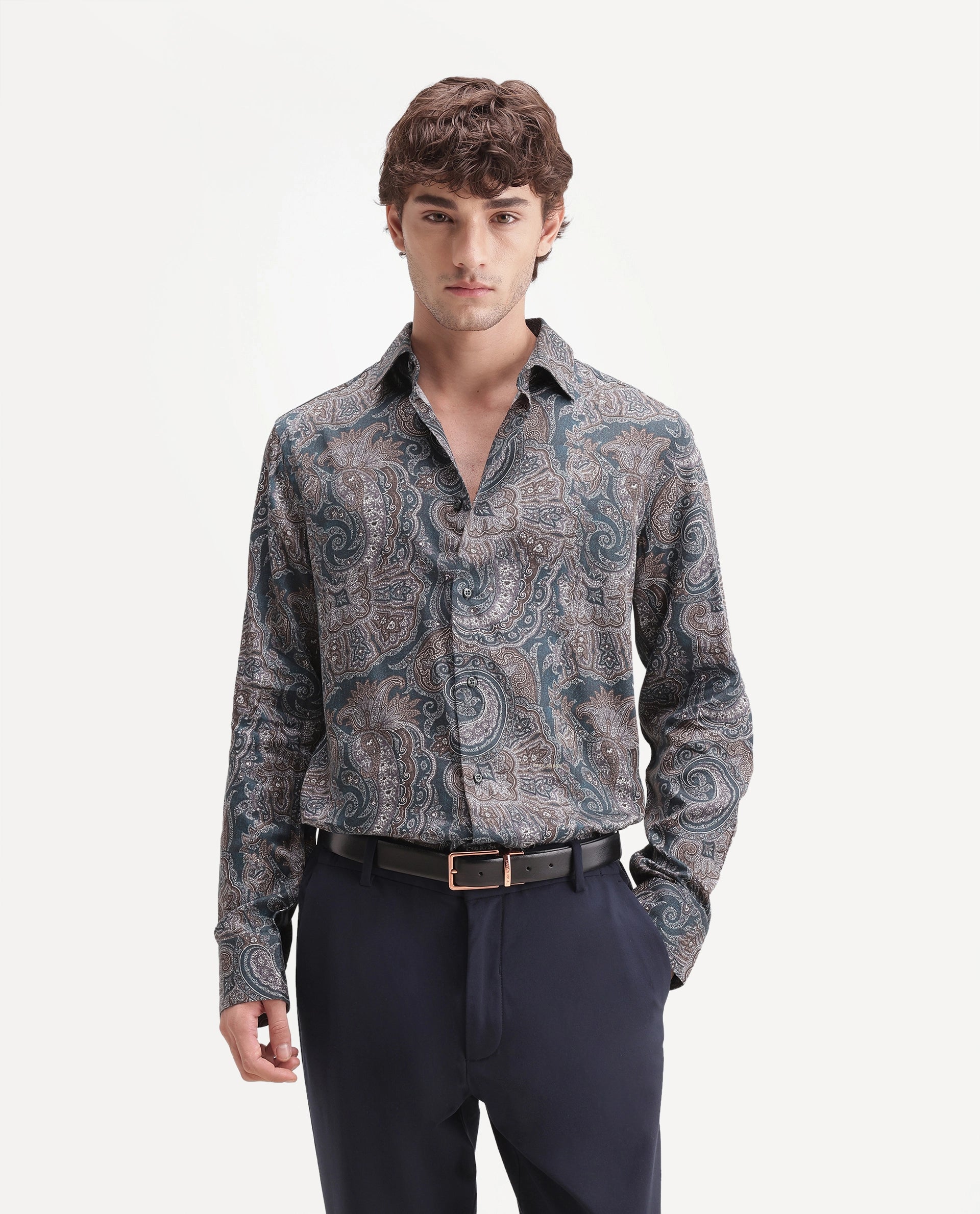 Rare Rabbit Men's Lome-1 Dark Green Cotton Blend Spread Collar Button Regular Paisley Print Shirt