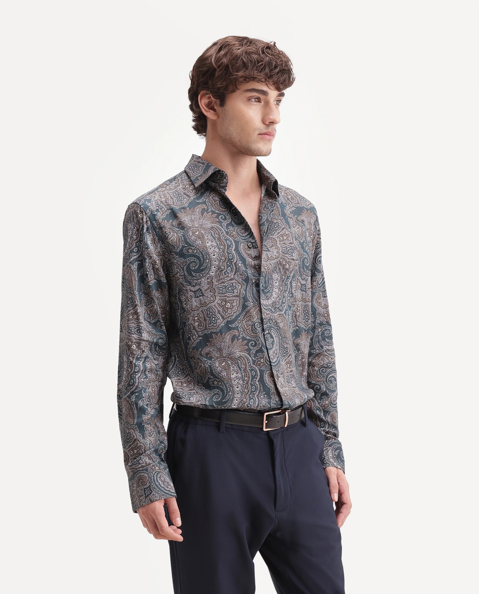 Rare Rabbit Men's Lome-1 Dark Green Cotton Blend Spread Collar Button Regular Paisley Print Shirt
