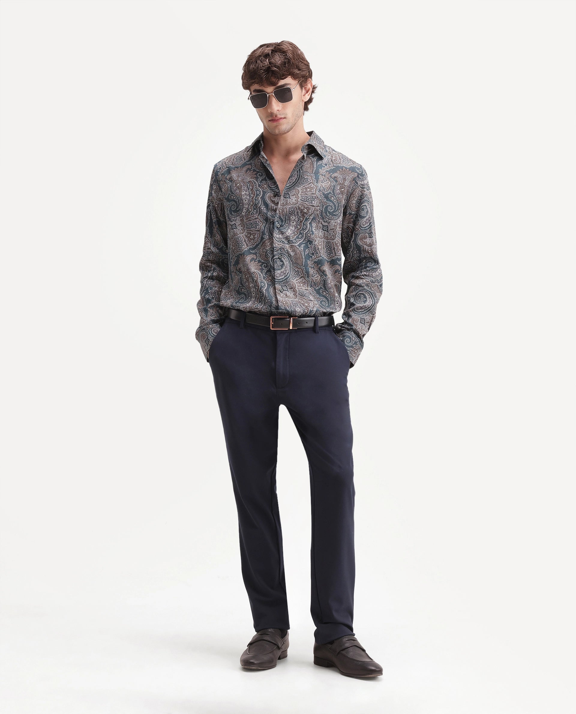 Rare Rabbit Men's Lome-1 Dark Green Cotton Blend Spread Collar Button Regular Paisley Print Shirt