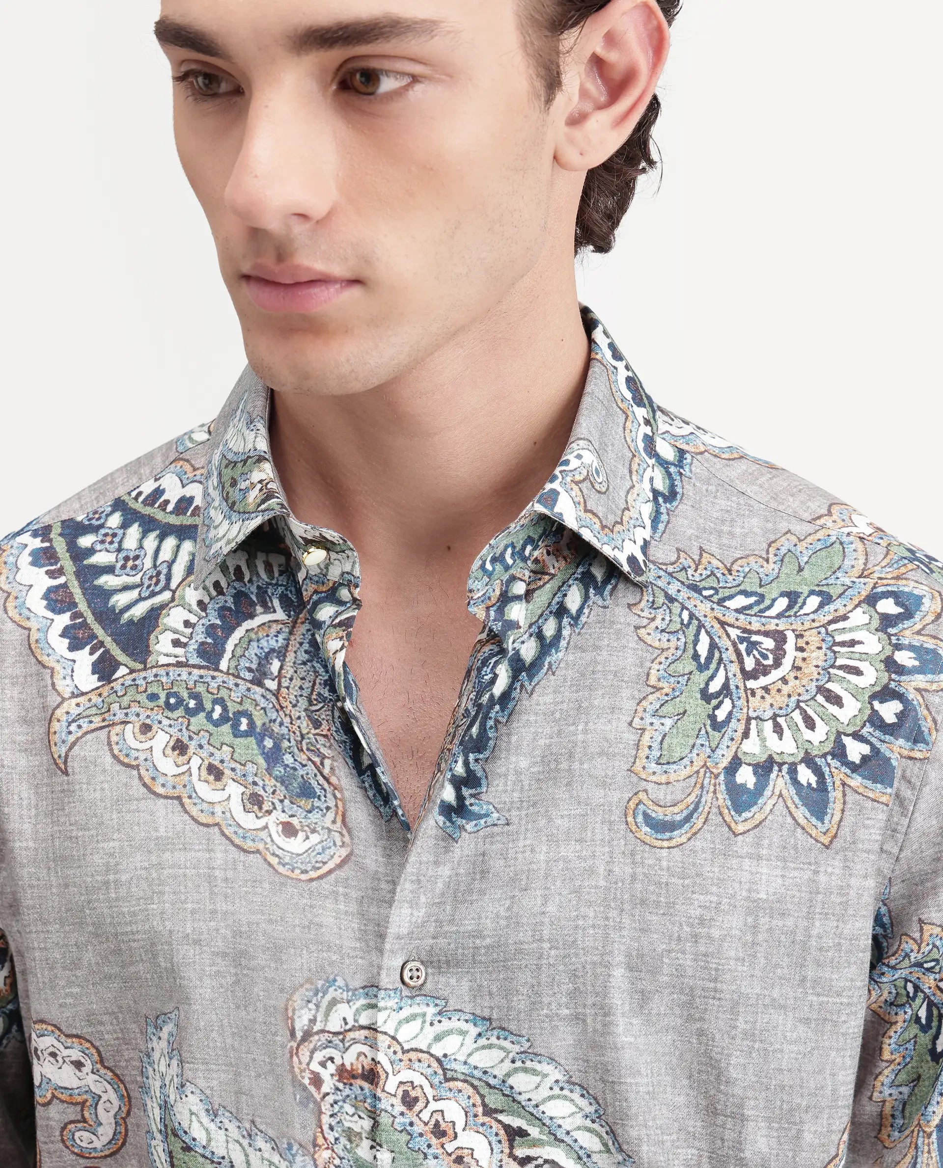 Rare Rabbit Men's Melo Primary Grey Cotton Blend Spread Collar Button Regular Paisley Print Shirt