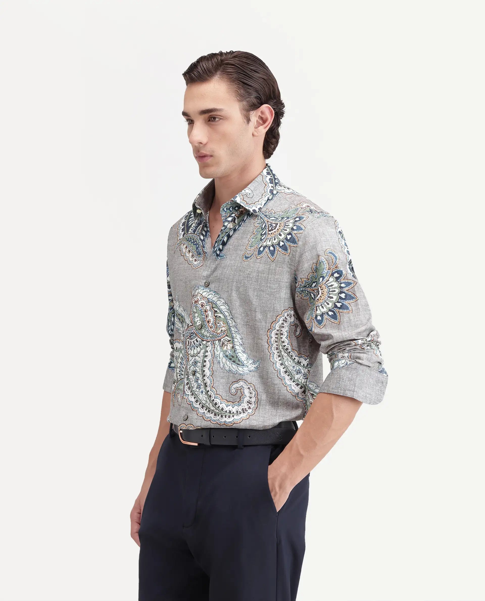 Rare Rabbit Men's Melo Primary Grey Cotton Blend Spread Collar Button Regular Paisley Print Shirt