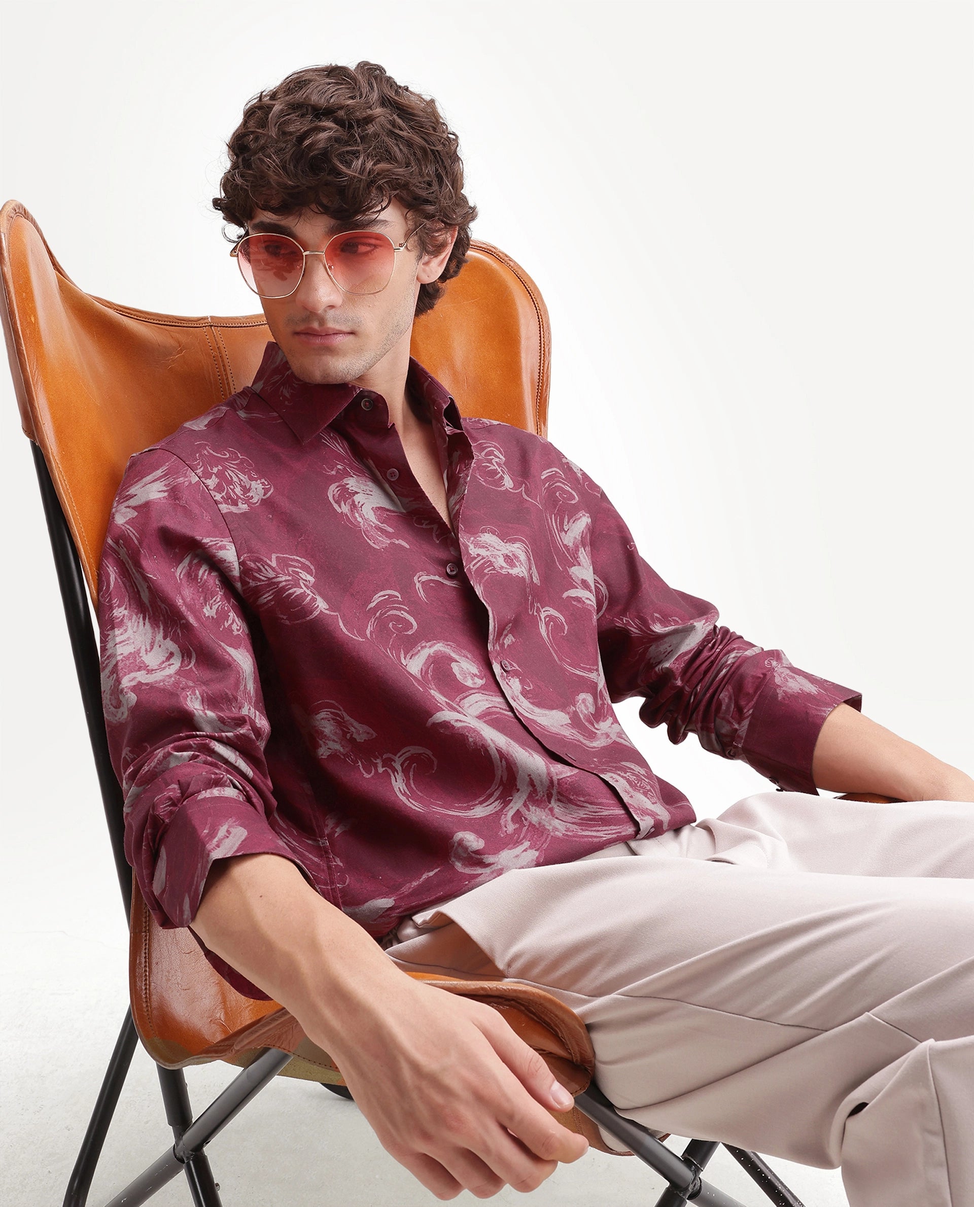 Rare Rabbit Men's Nori Red Cotton Blend Spread Collar Button Regular Abstract Print Shirt