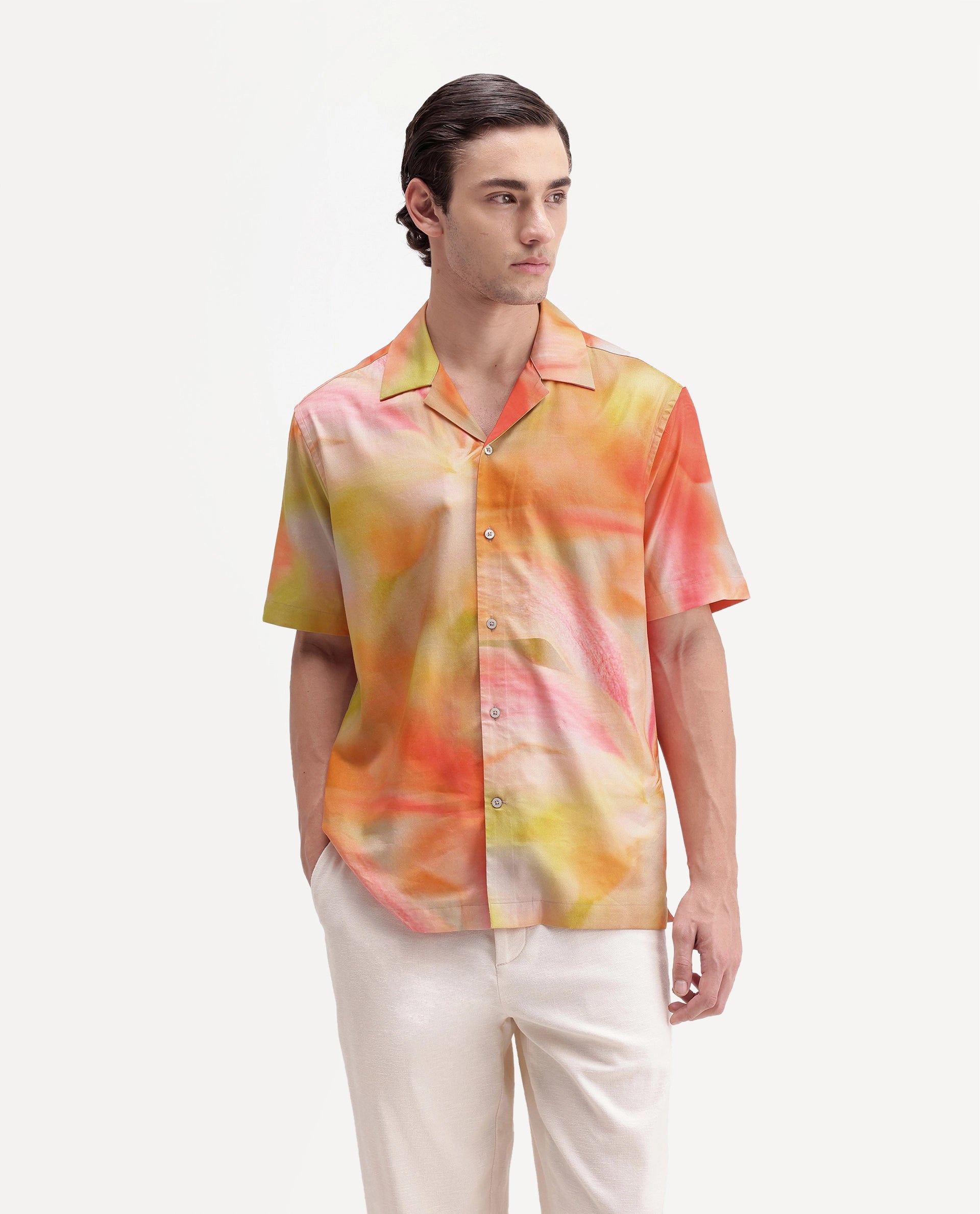 Rare Rabbit Men's Painto Primary Multi Cotton Blend Spread Collar Button Regular Botanical Print Shirt