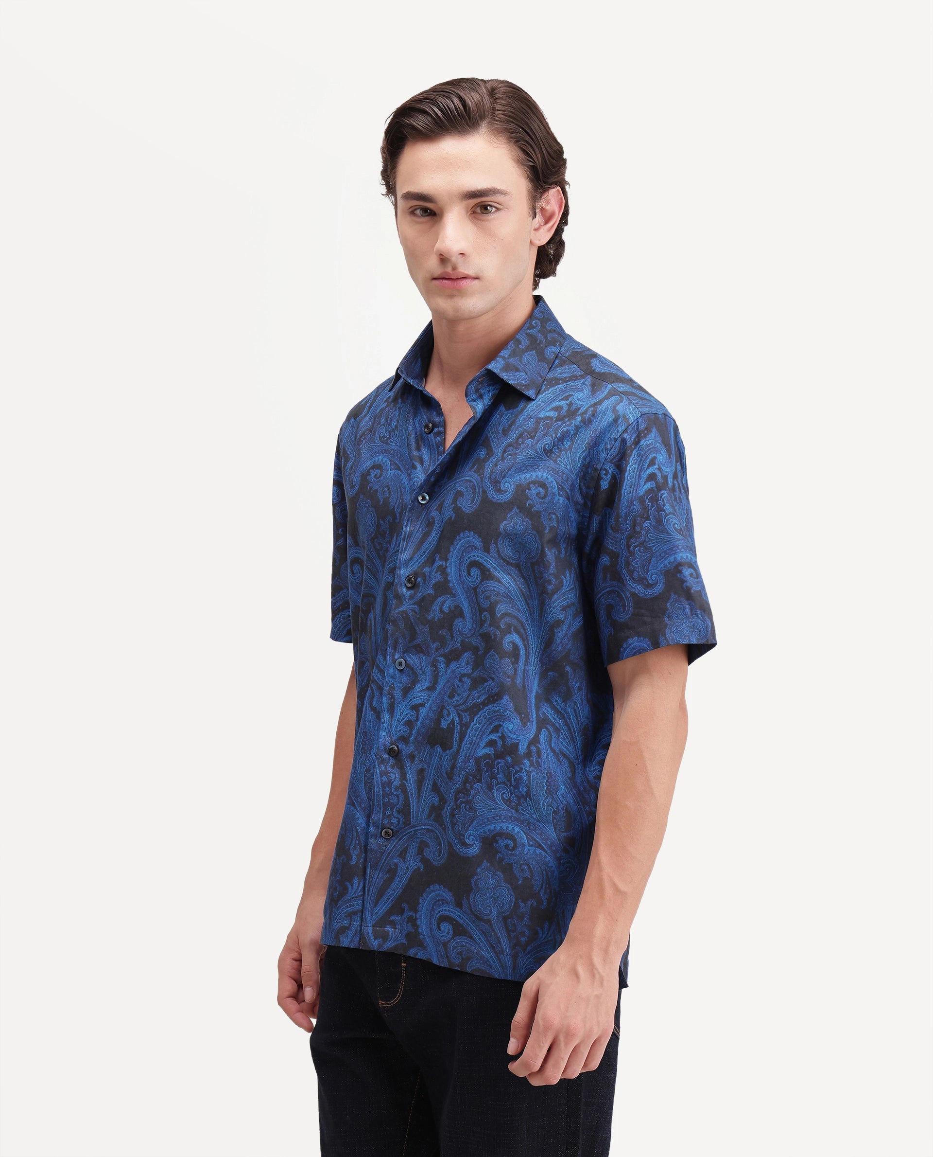 Rare Rabbit Men's Royo Primary Black Cotton Blend Spread Collar Button Regular Paisley Print Shirt