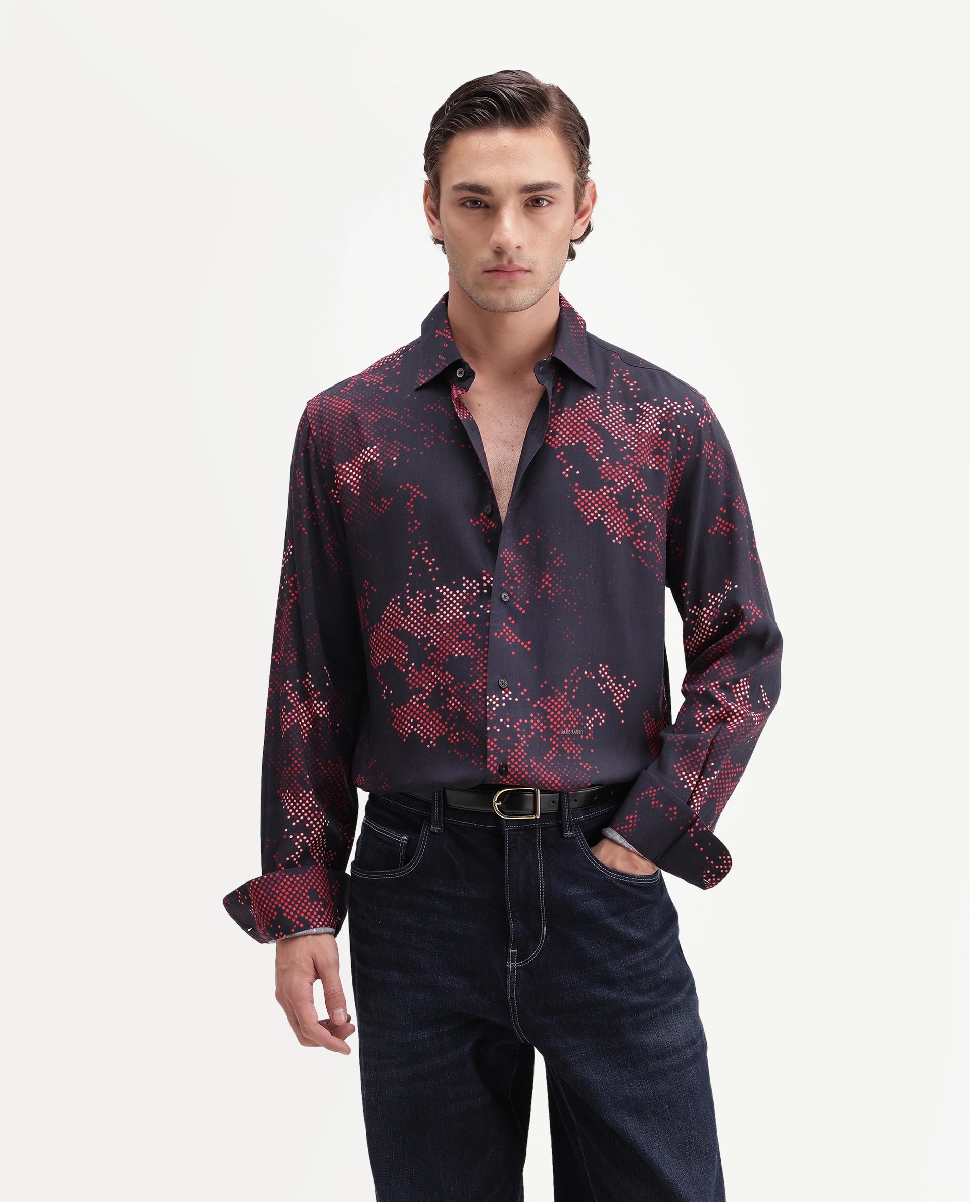 Rare Rabbit Men's Giru Primary Navy Viscose Spread Collar Button Regular Abstract Print Shirt