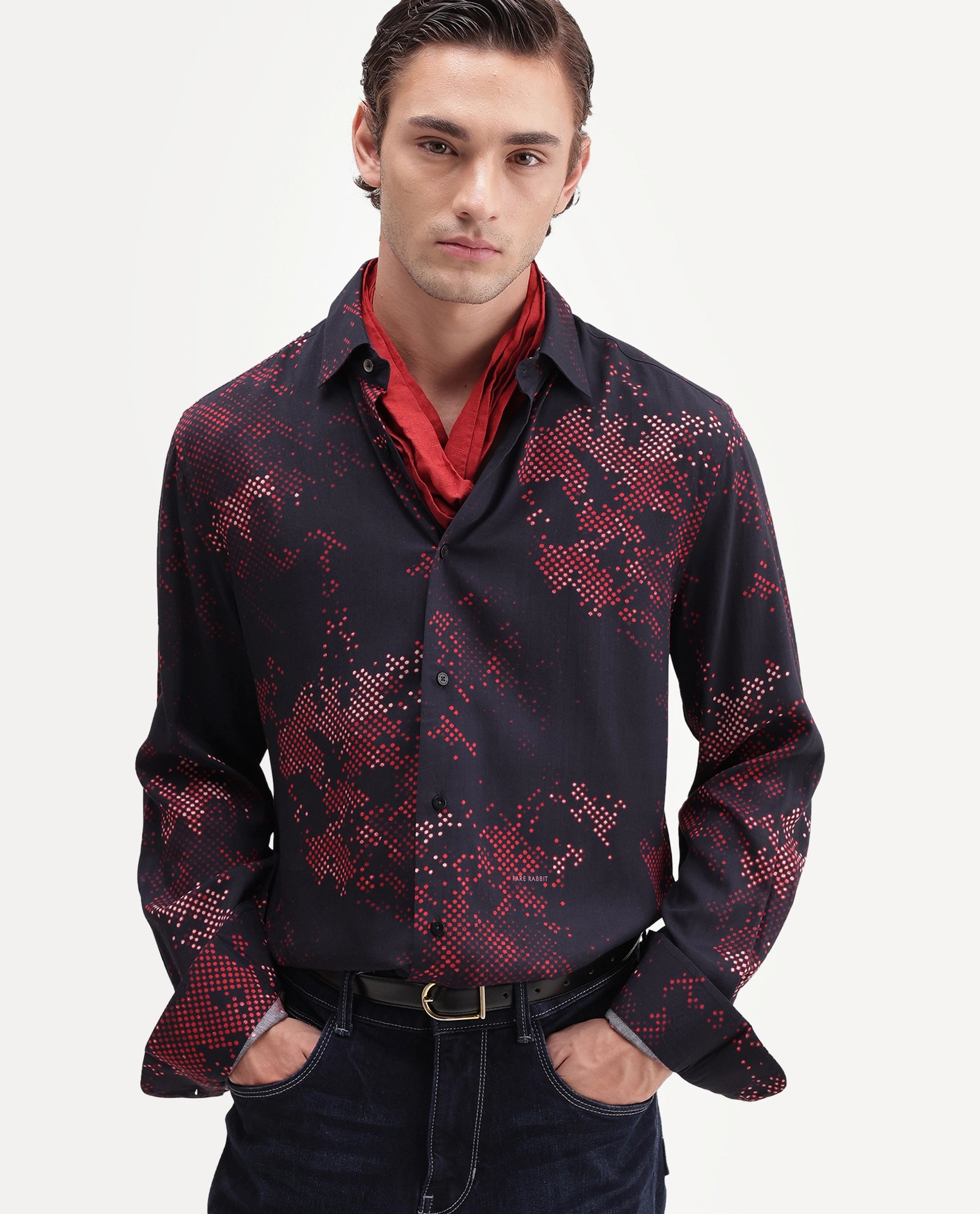 Rare Rabbit Men's Giru Primary Navy Viscose Spread Collar Button Regular Abstract Print Shirt