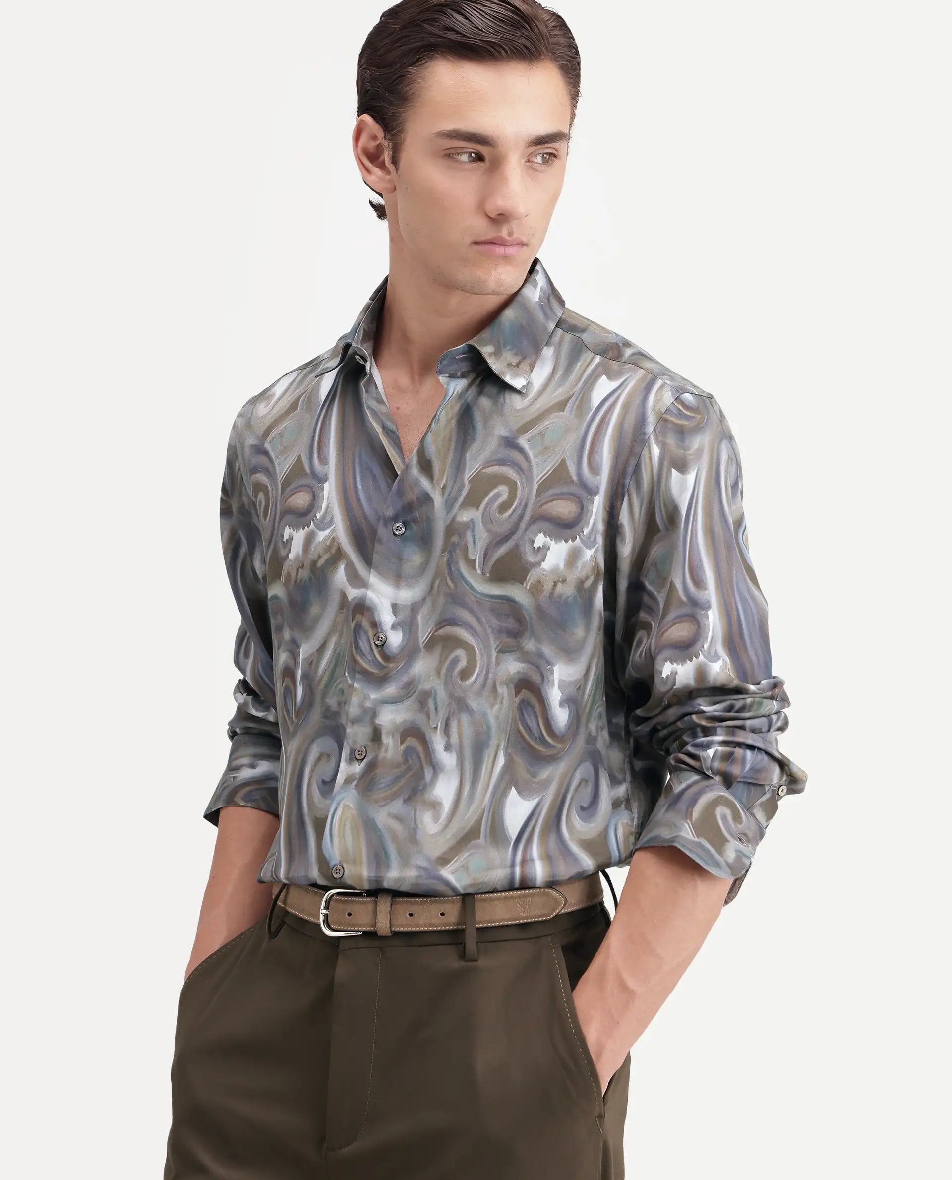 Rare Rabbit Men's Sway Dusky Green Cotton Blend Spread Collar Button Regular Paisley Print Shirt