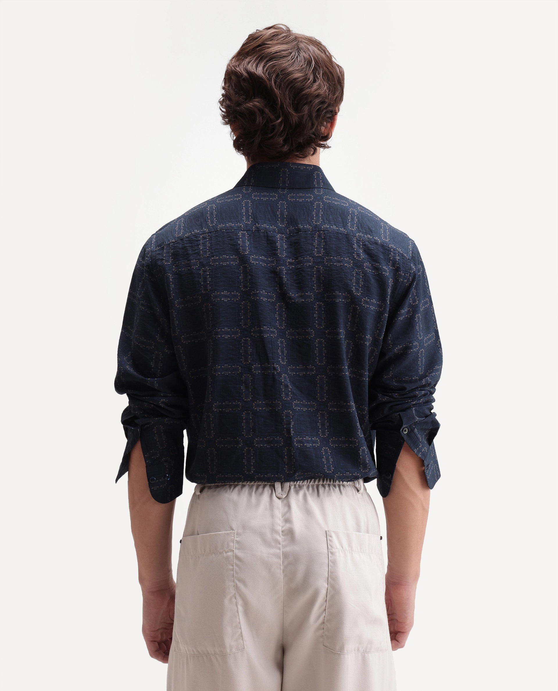 Rare Rabbit Men's Razo Dark Navy Viscose Blend Spread Collar Button Regular Geometric Print Shirt