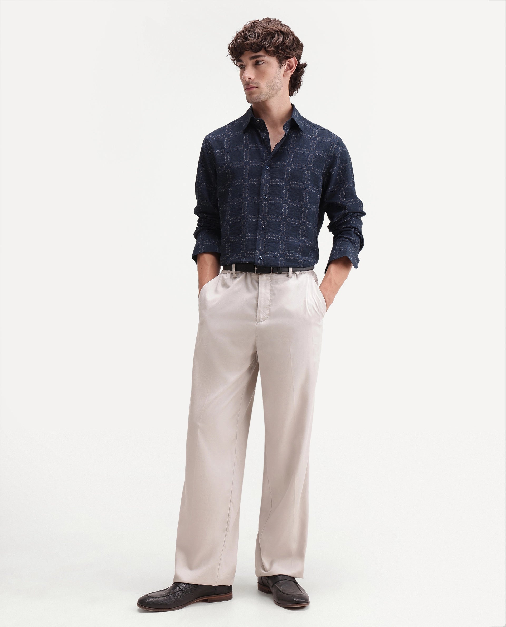 Rare Rabbit Men's Razo Dark Navy Viscose Blend Spread Collar Button Regular Geometric Print Shirt