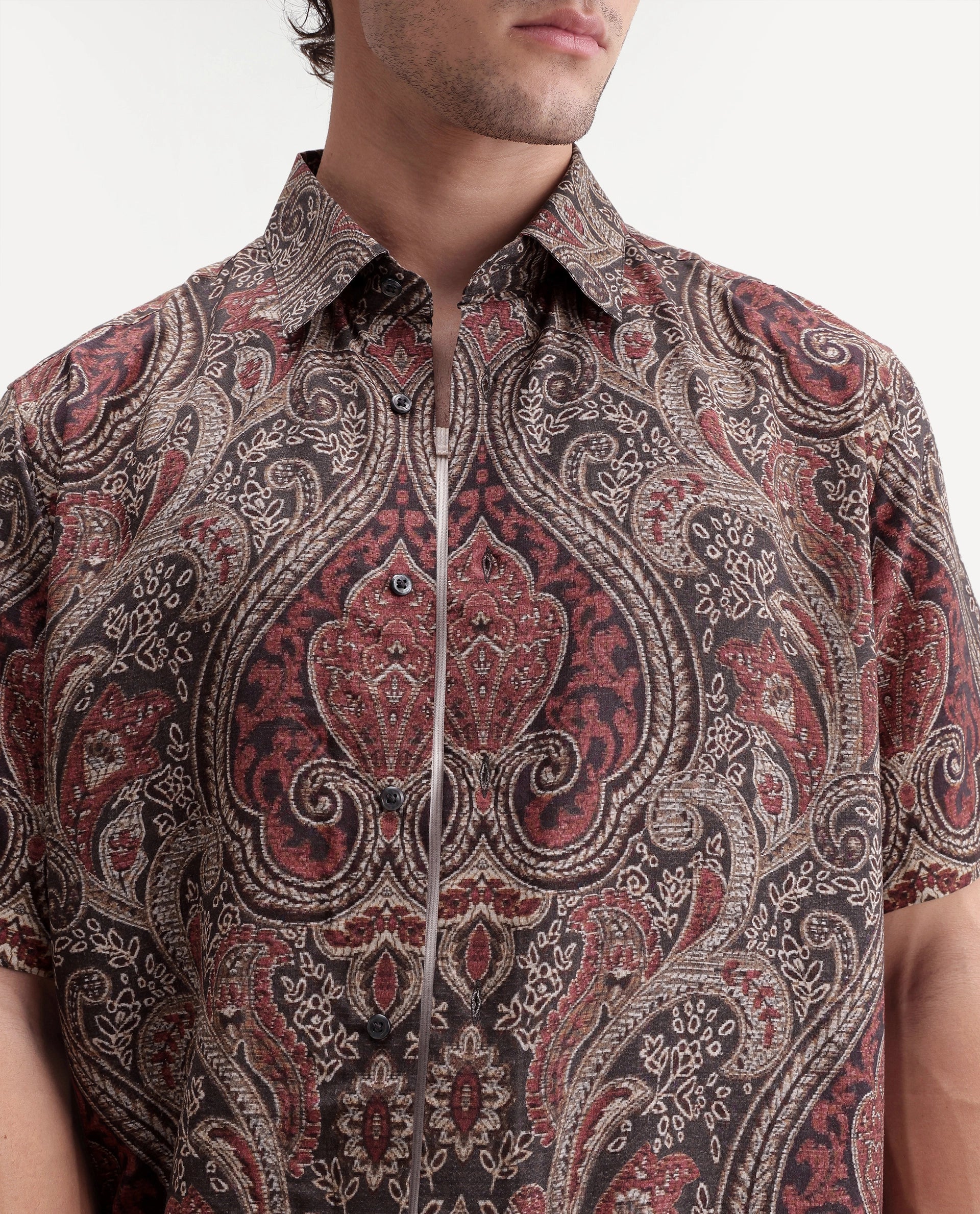 Rare Rabbit Men's Myke Dark Black Viscose Spread Collar Button Regular Paisley Print Shirt