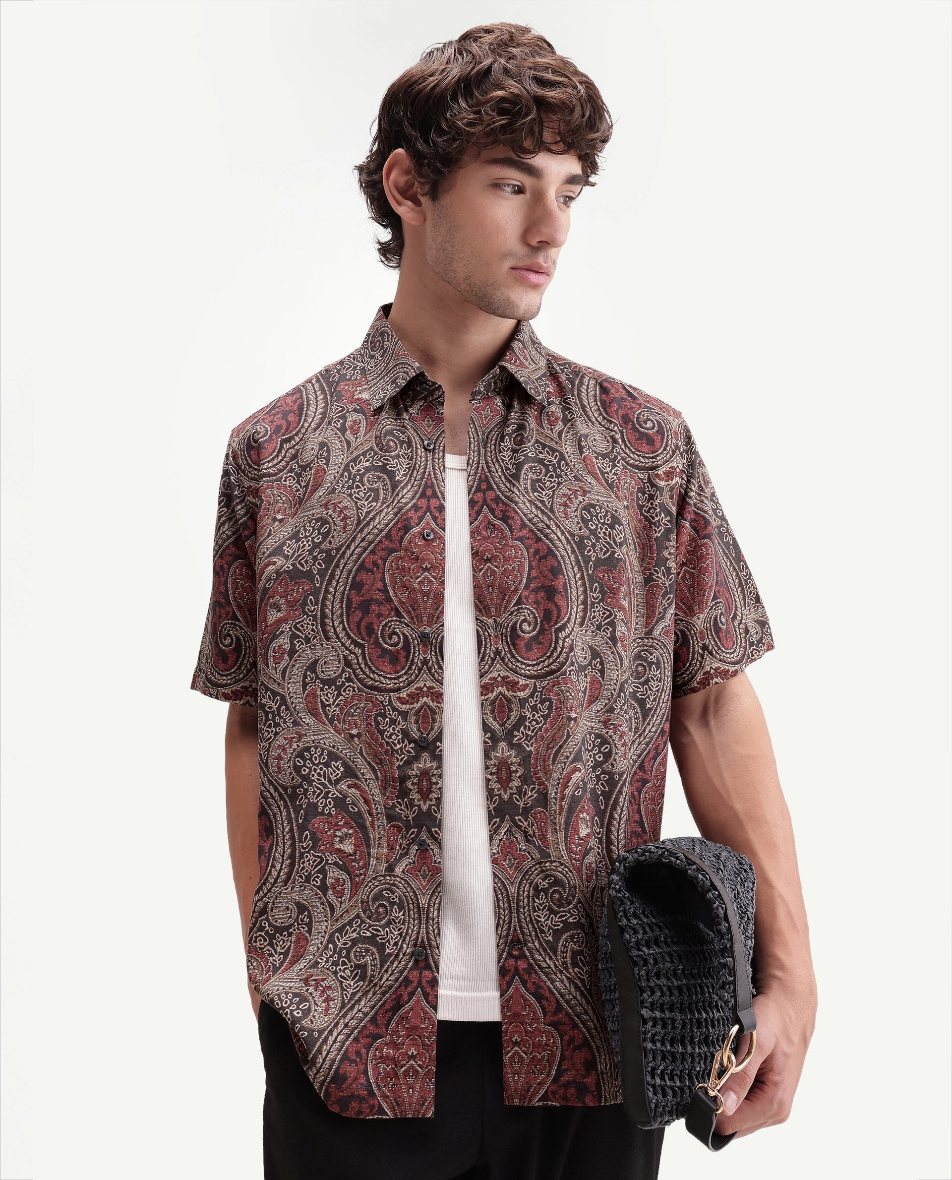 Rare Rabbit Men's Myke Dark Black Viscose Spread Collar Button Regular Paisley Print Shirt