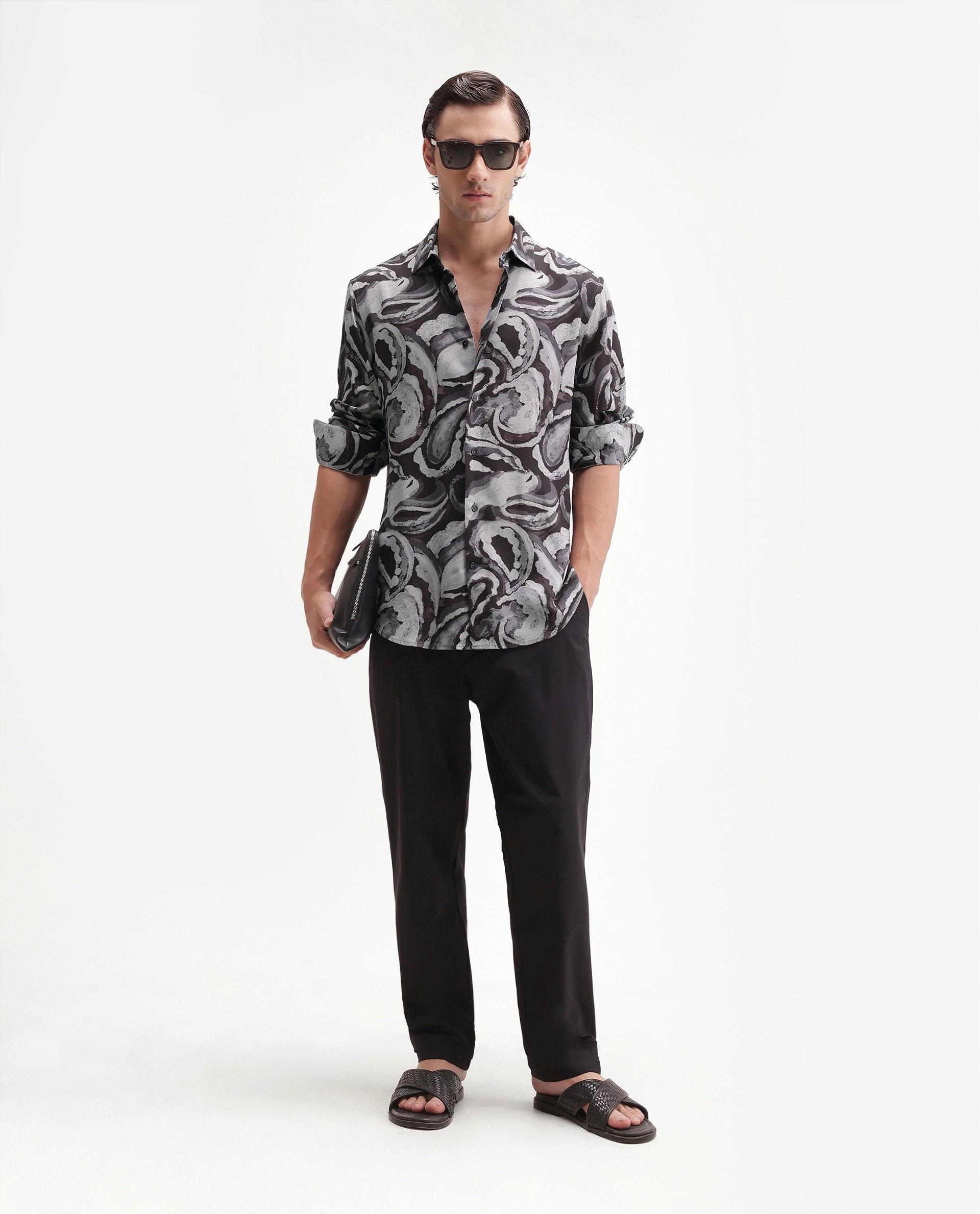Rare Rabbit Men's Luth 26 Dark Grey Viscose Spread Collar Button Regular Paisley Print Shirt