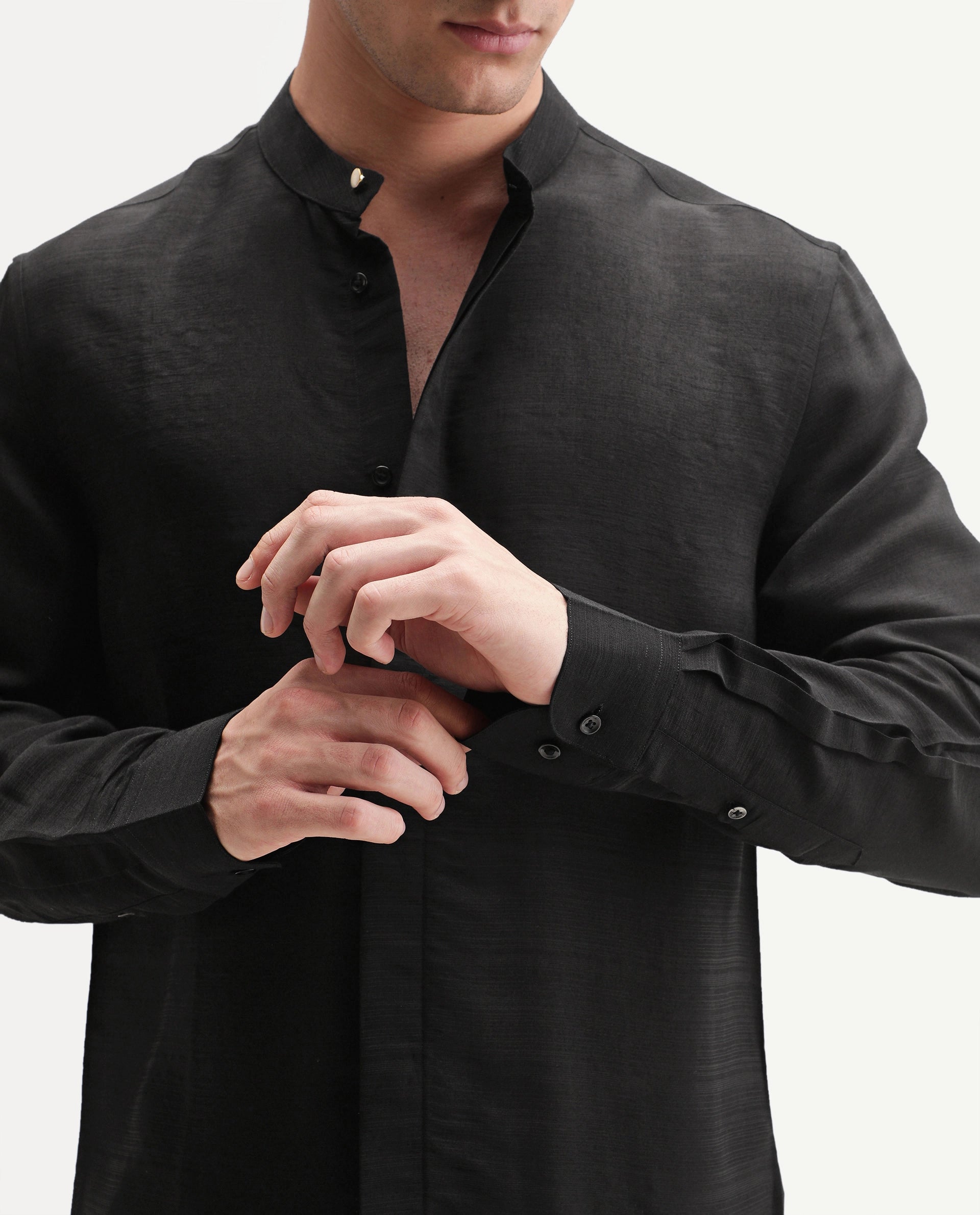 Rare Rabbit Men's Kent C Primary Black Viscose Blend Mandarin Collar Button Regular Plain Shirt