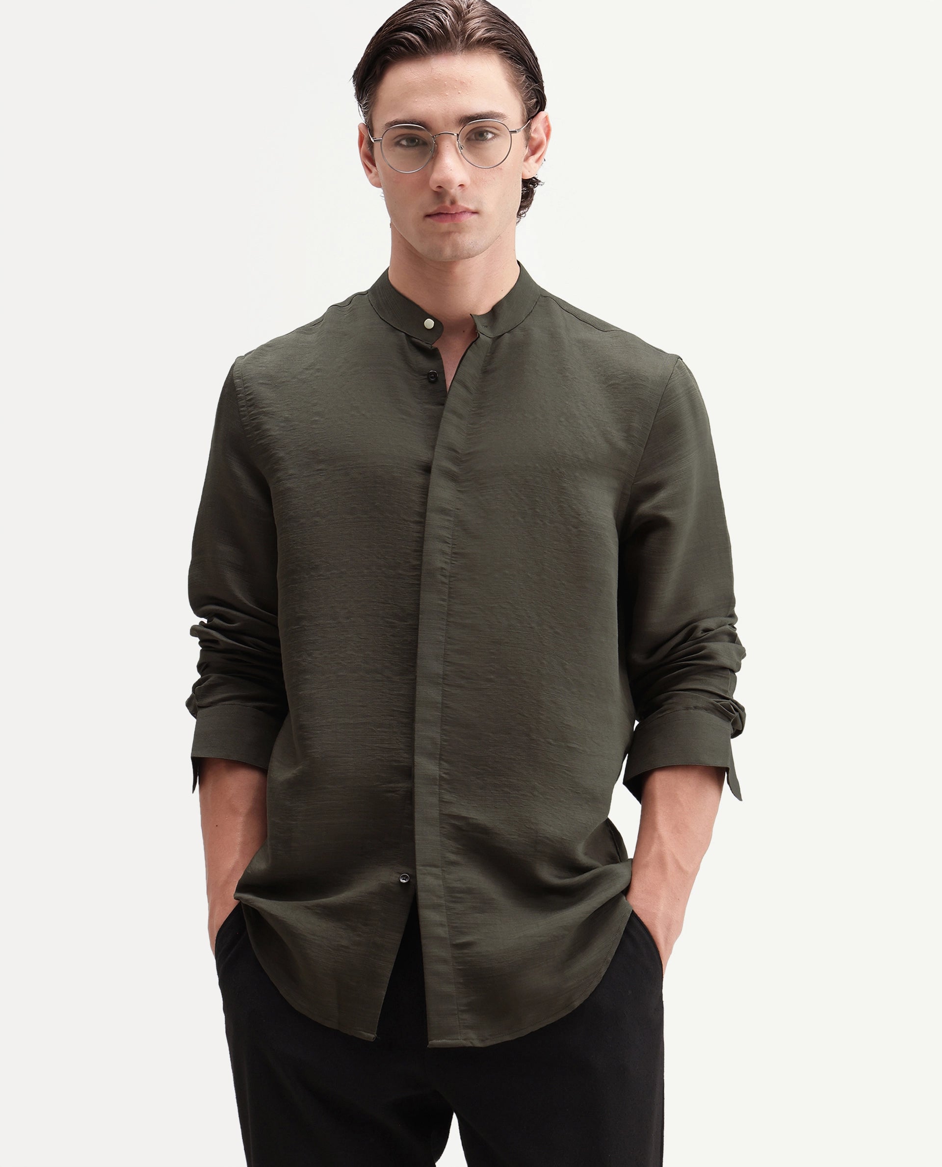 Rare Rabbit Men's Kent C Primary Olive Viscose Blend Mandarin Collar Button Regular Plain Shirt