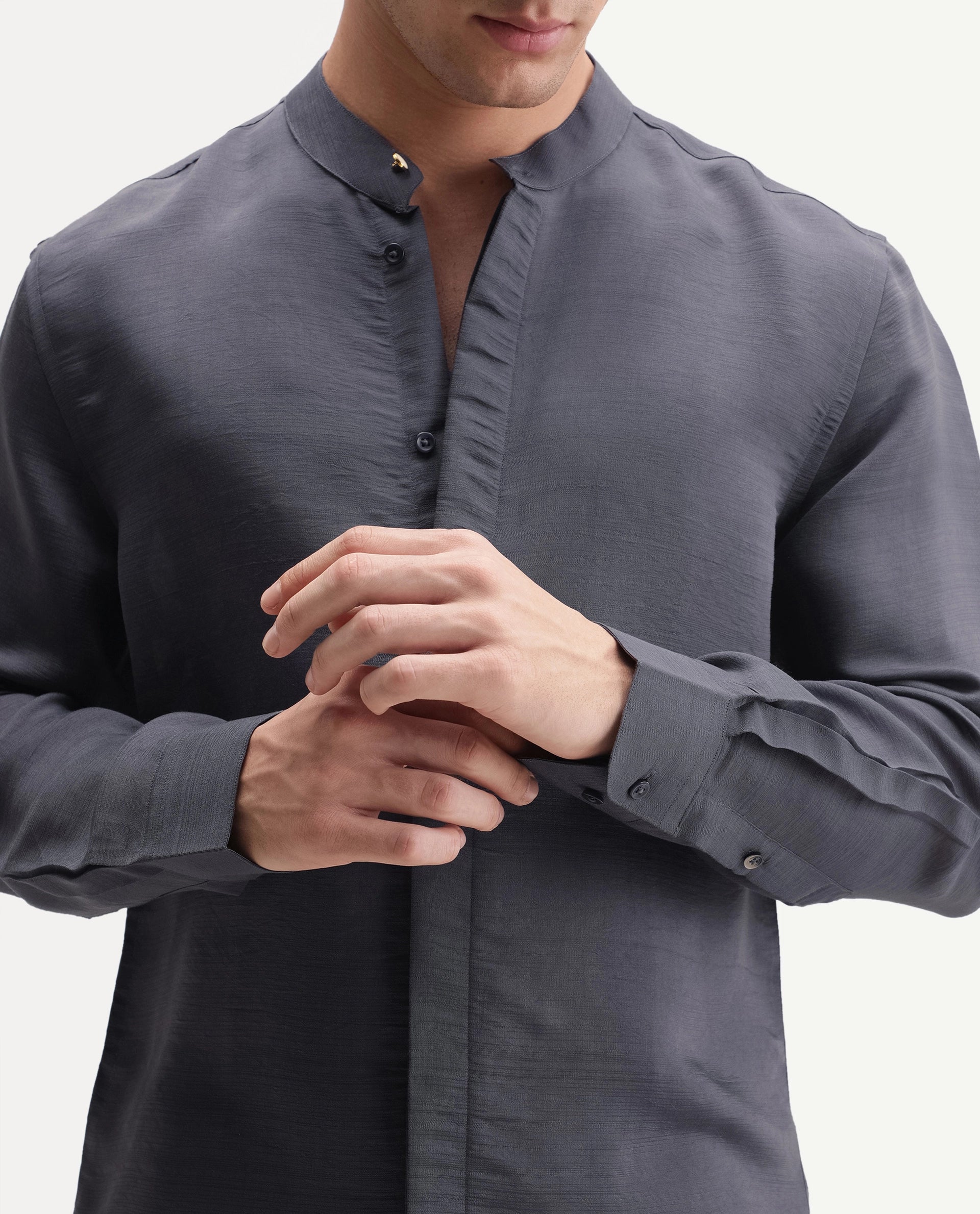 Rare Rabbit Men's Kent C Primary Purple Viscose Blend Mandarin Collar Button Regular Plain Shirt