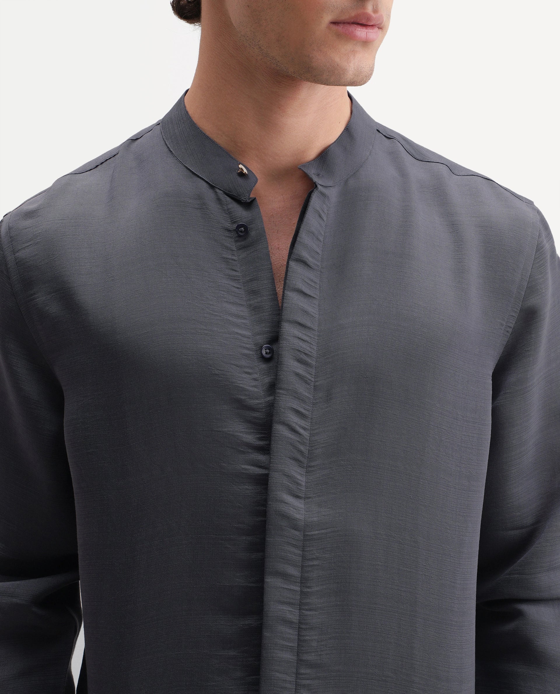Rare Rabbit Men's Kent C Primary Purple Viscose Blend Mandarin Collar Button Regular Plain Shirt