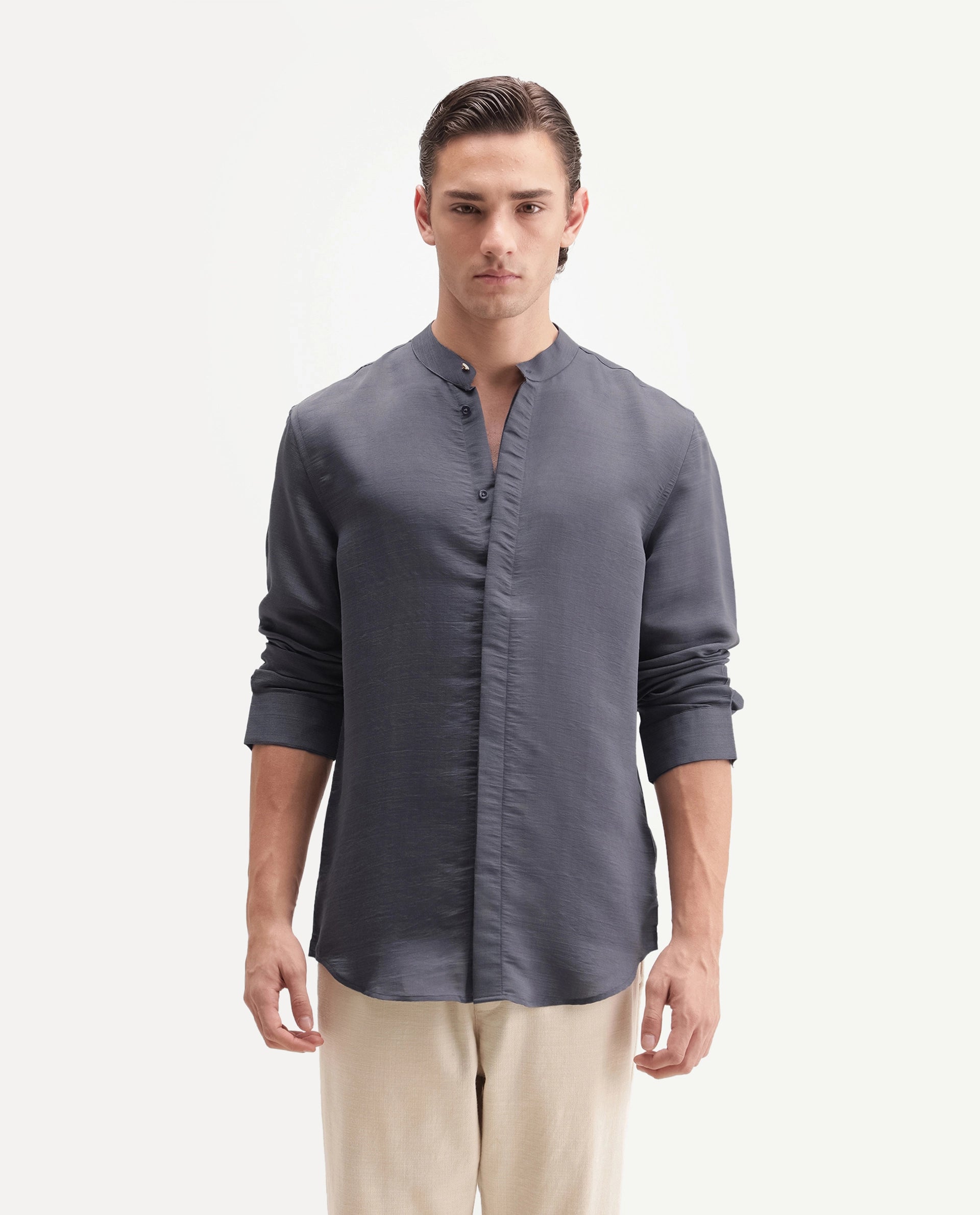 Rare Rabbit Men's Kent C Primary Purple Viscose Blend Mandarin Collar Button Regular Plain Shirt