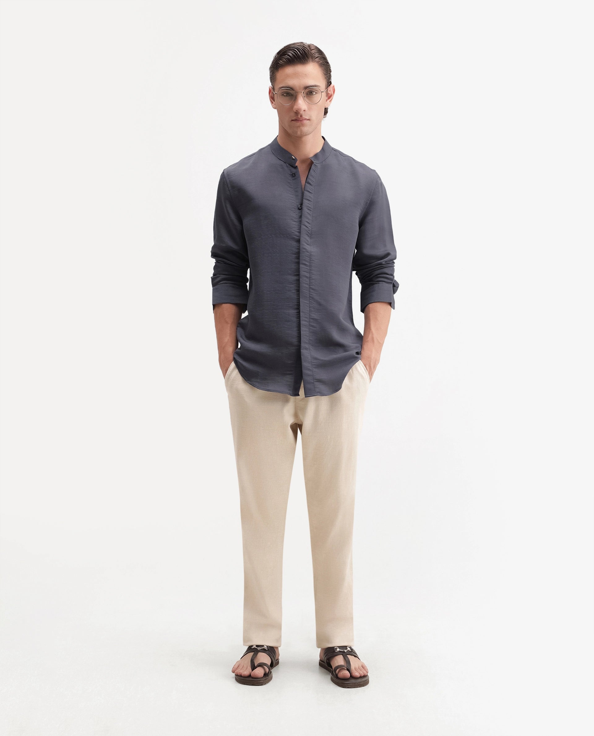 Rare Rabbit Men's Kent C Primary Purple Viscose Blend Mandarin Collar Button Regular Plain Shirt