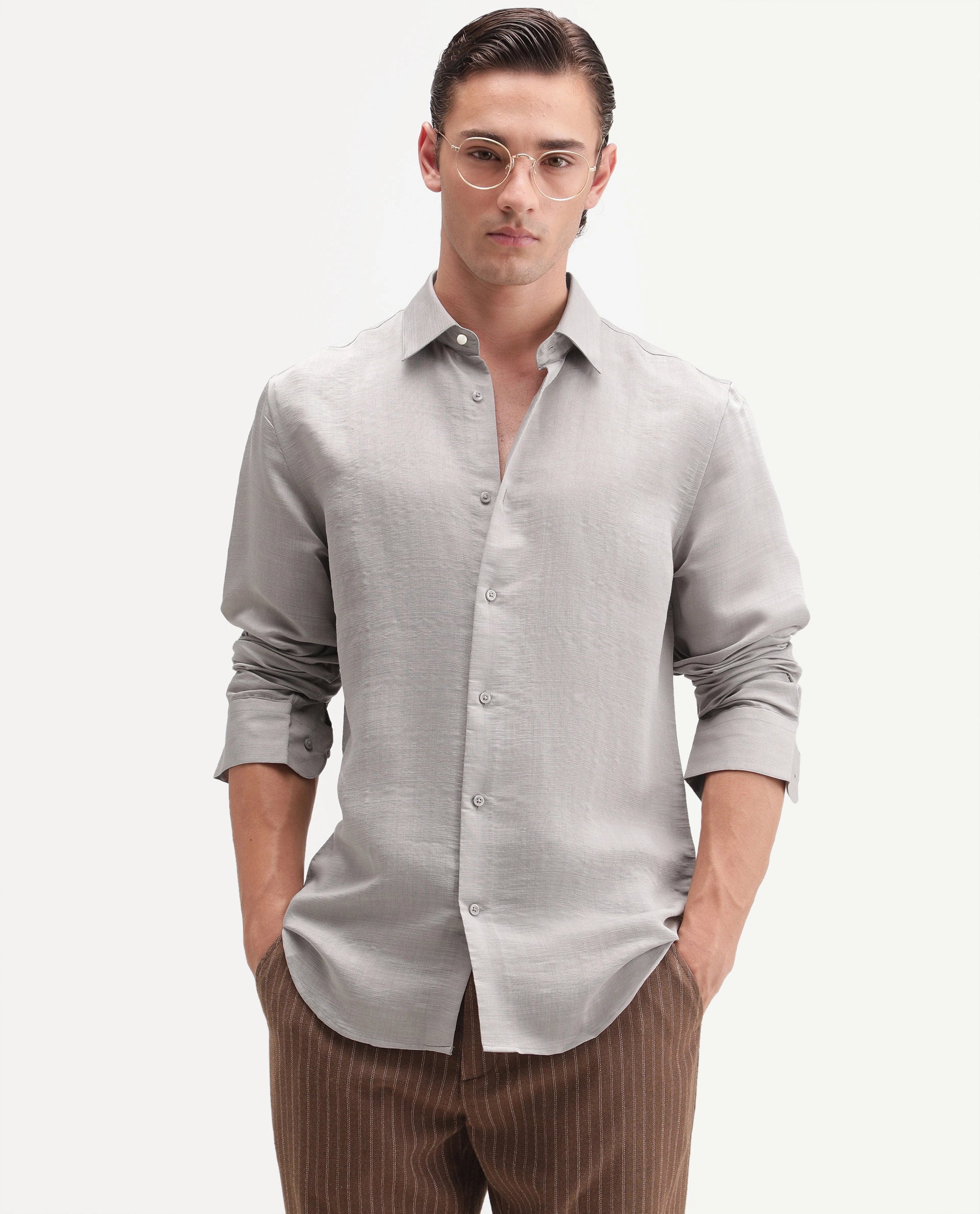 Rare Rabbit Men's Kent R Primary Grey Viscose Blend Spread Collar Button Regular Plain Shirt