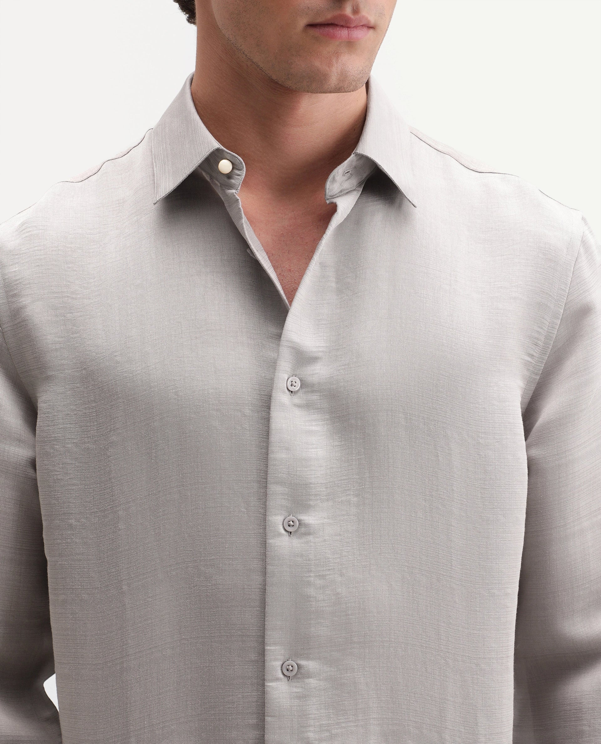 Rare Rabbit Men's Kent R Primary Grey Viscose Blend Spread Collar Button Regular Plain Shirt