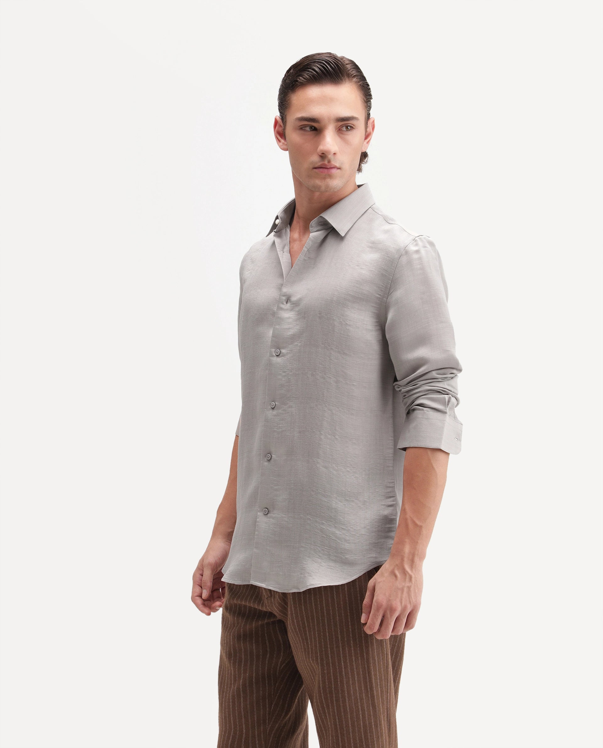 Rare Rabbit Men's Kent R Primary Grey Viscose Blend Spread Collar Button Regular Plain Shirt