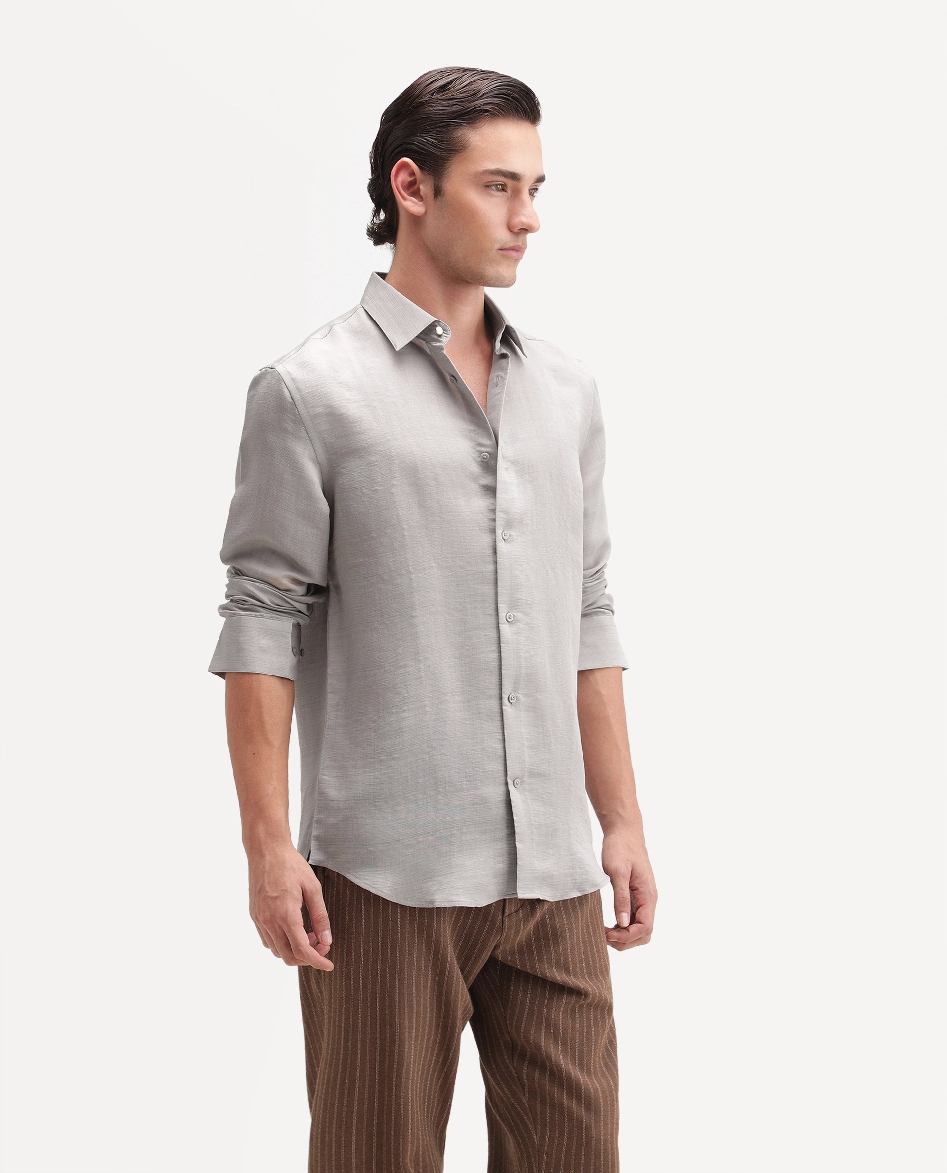 Rare Rabbit Men's Kent R Primary Grey Viscose Blend Spread Collar Button Regular Plain Shirt