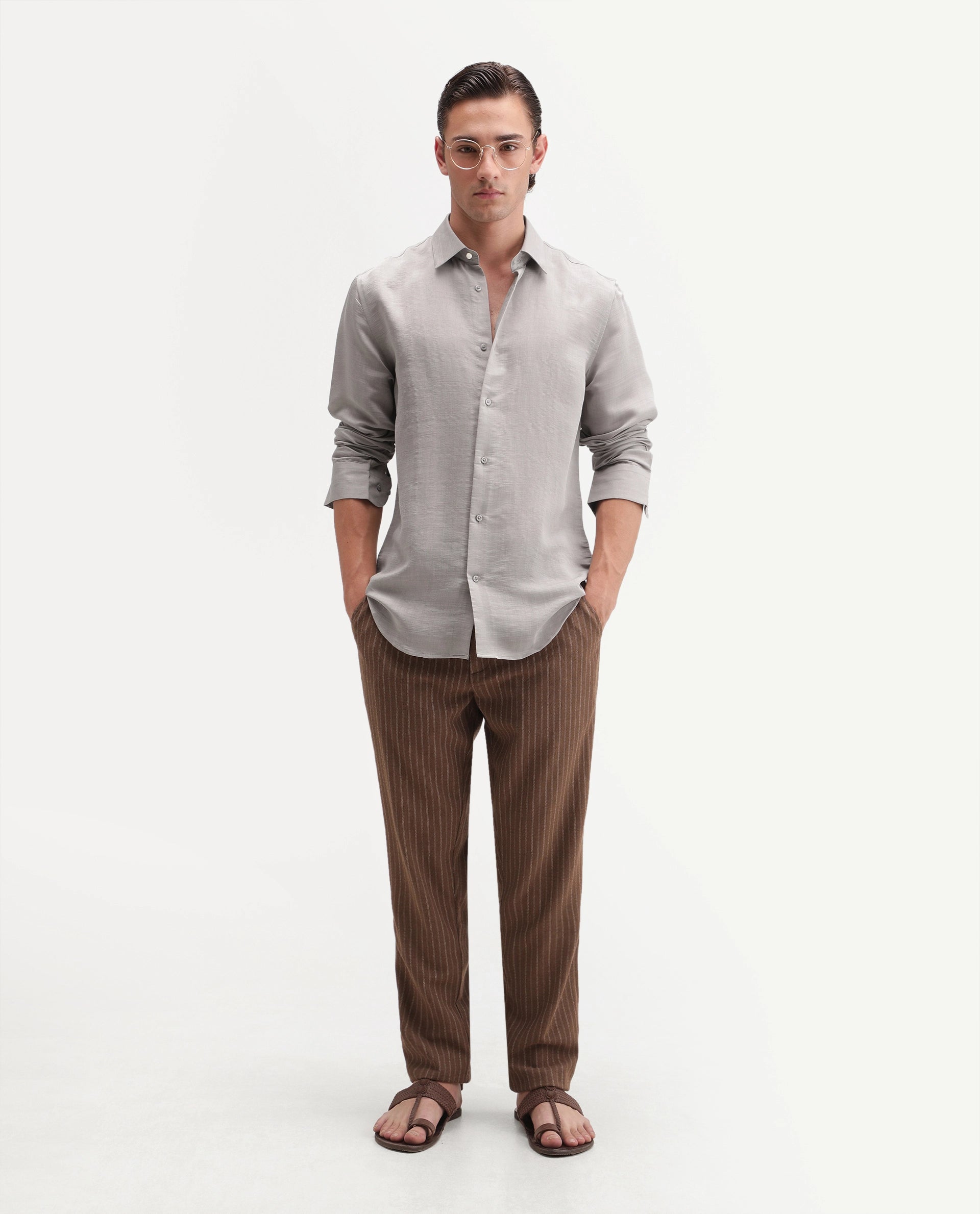 Rare Rabbit Men's Kent R Primary Grey Viscose Blend Spread Collar Button Regular Plain Shirt