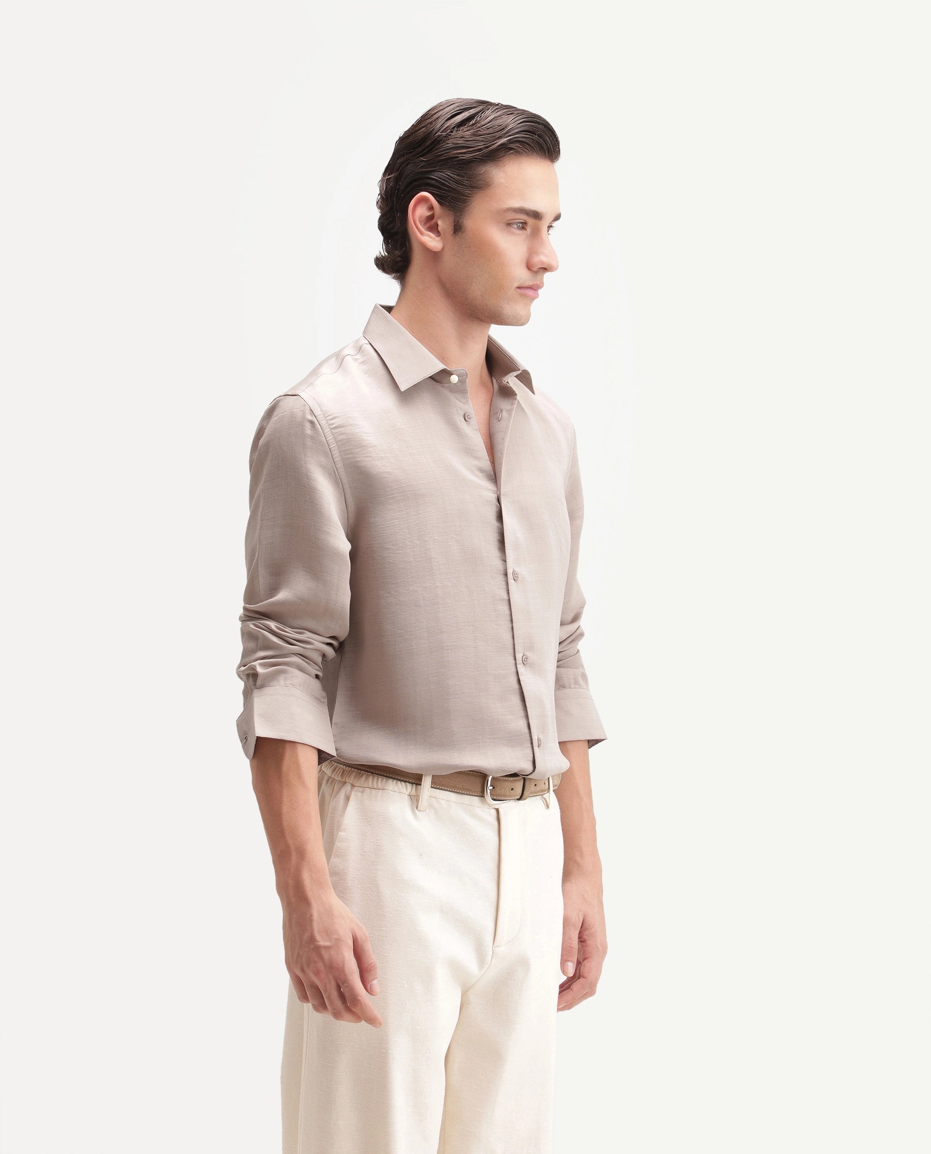 Rare Rabbit Men's Kent R Light Peach Viscose Blend Spread Collar Button Regular Plain Shirt