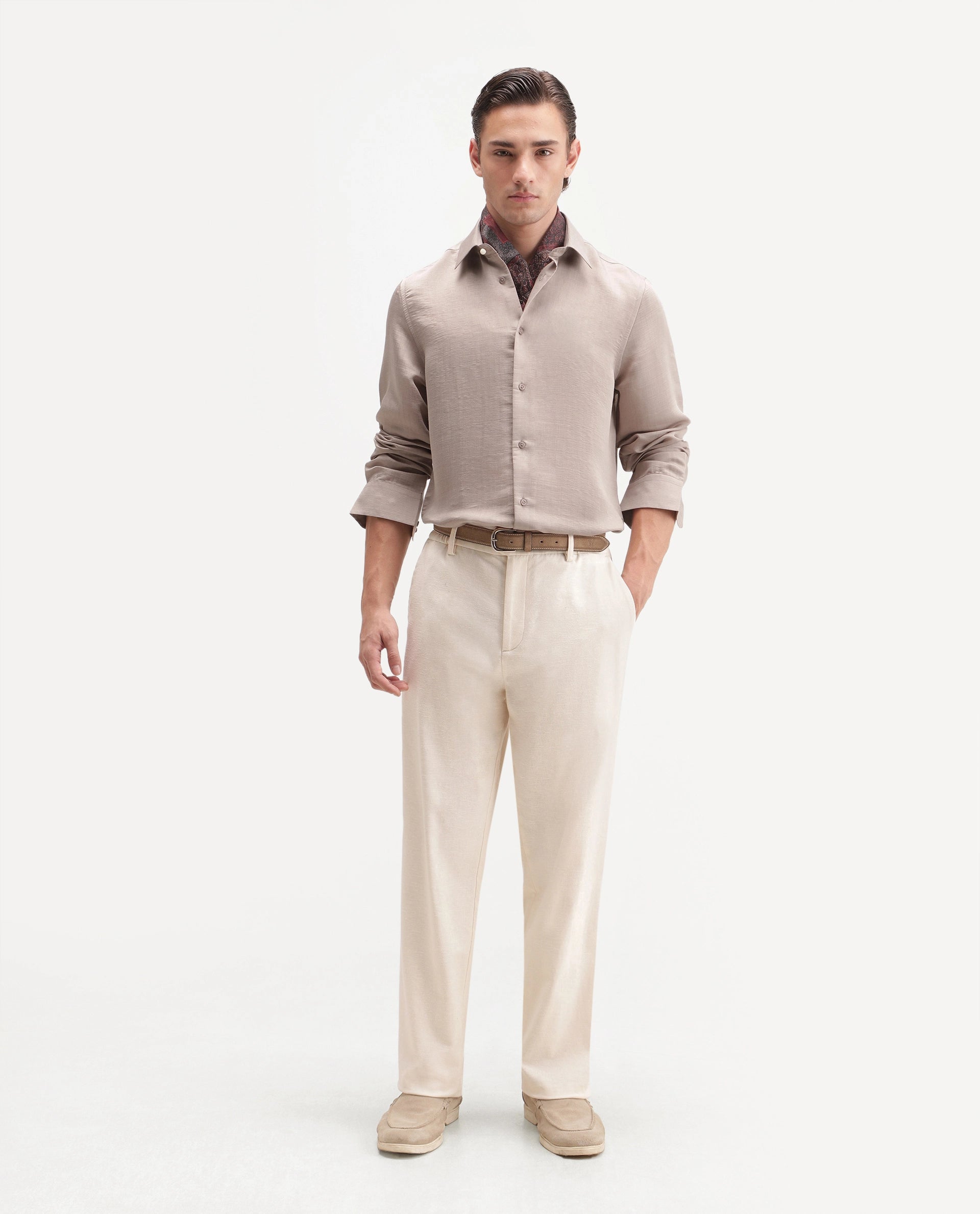 Rare Rabbit Men's Kent R Light Peach Viscose Blend Spread Collar Button Regular Plain Shirt