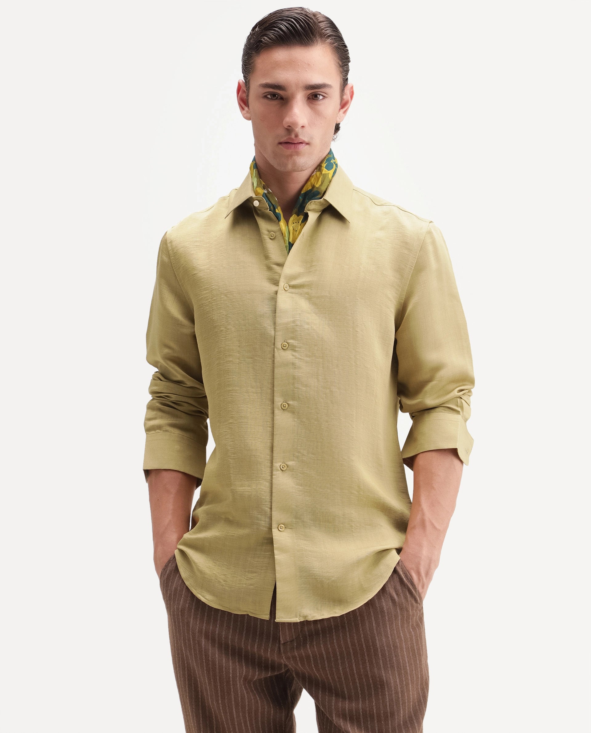 Rare Rabbit Men's Kent R Dusky Mustard Viscose Blend Spread Collar Button Regular Plain Shirt