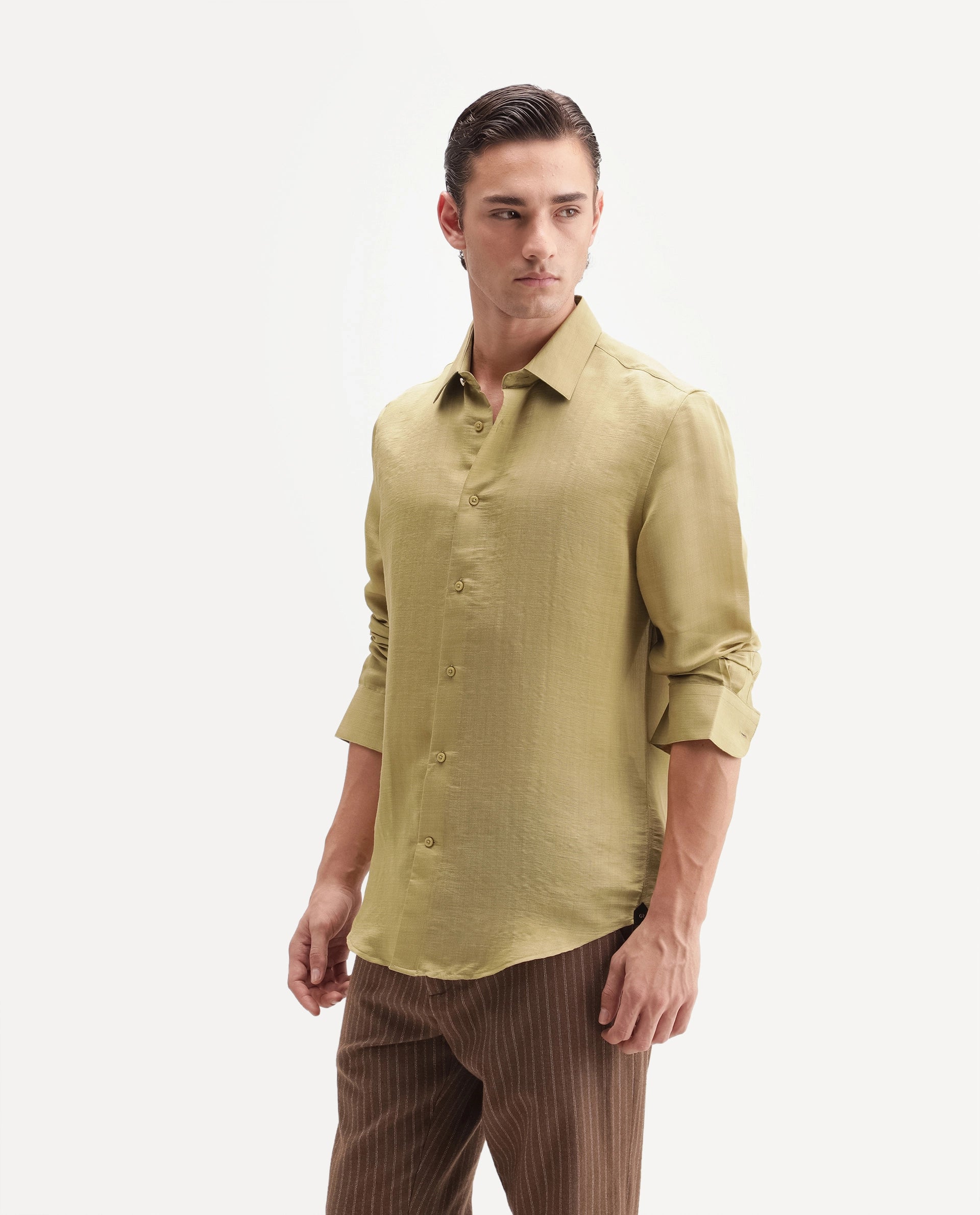 Rare Rabbit Men's Kent R Dusky Mustard Viscose Blend Spread Collar Button Regular Plain Shirt
