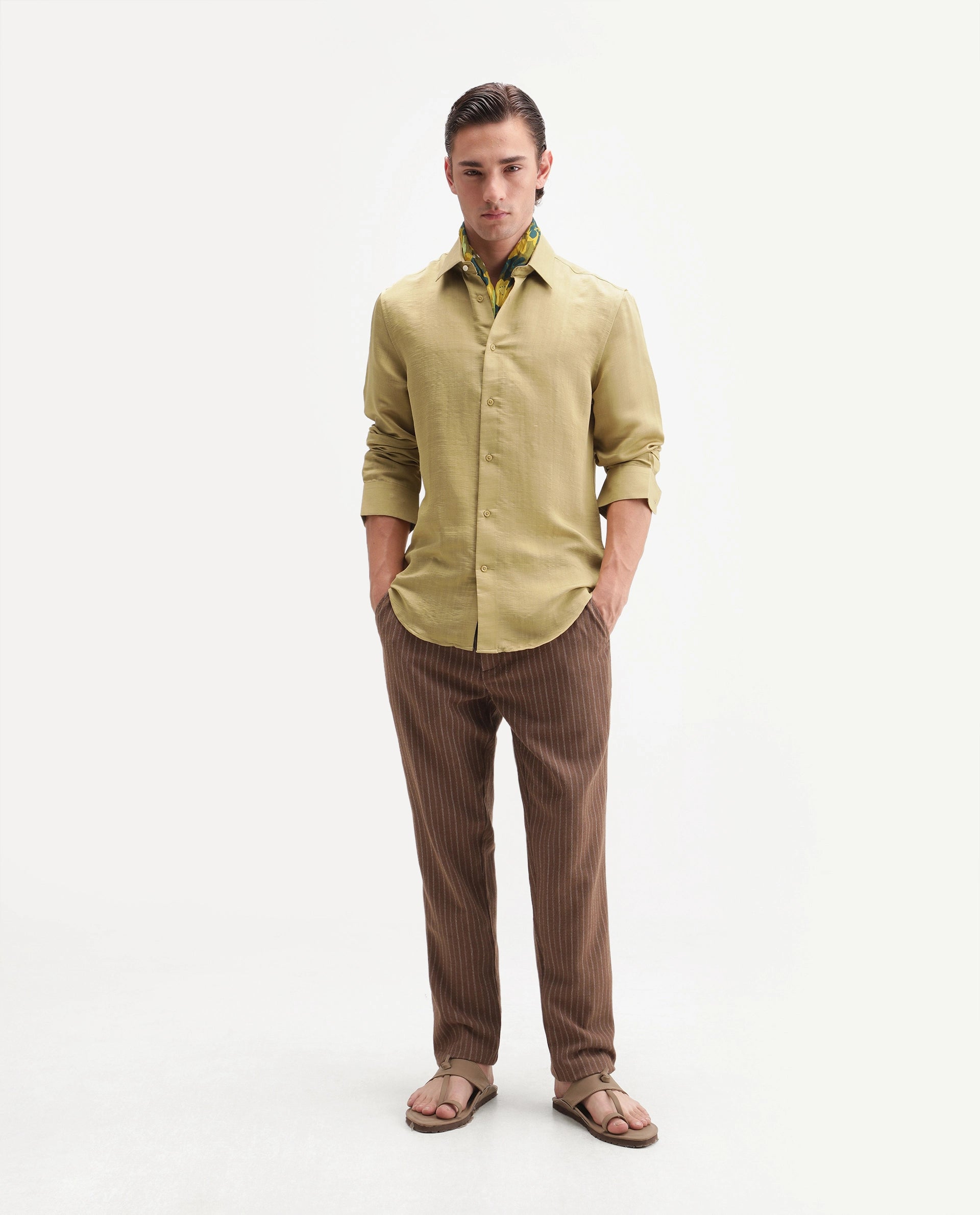Rare Rabbit Men's Kent R Dusky Mustard Viscose Blend Spread Collar Button Regular Plain Shirt
