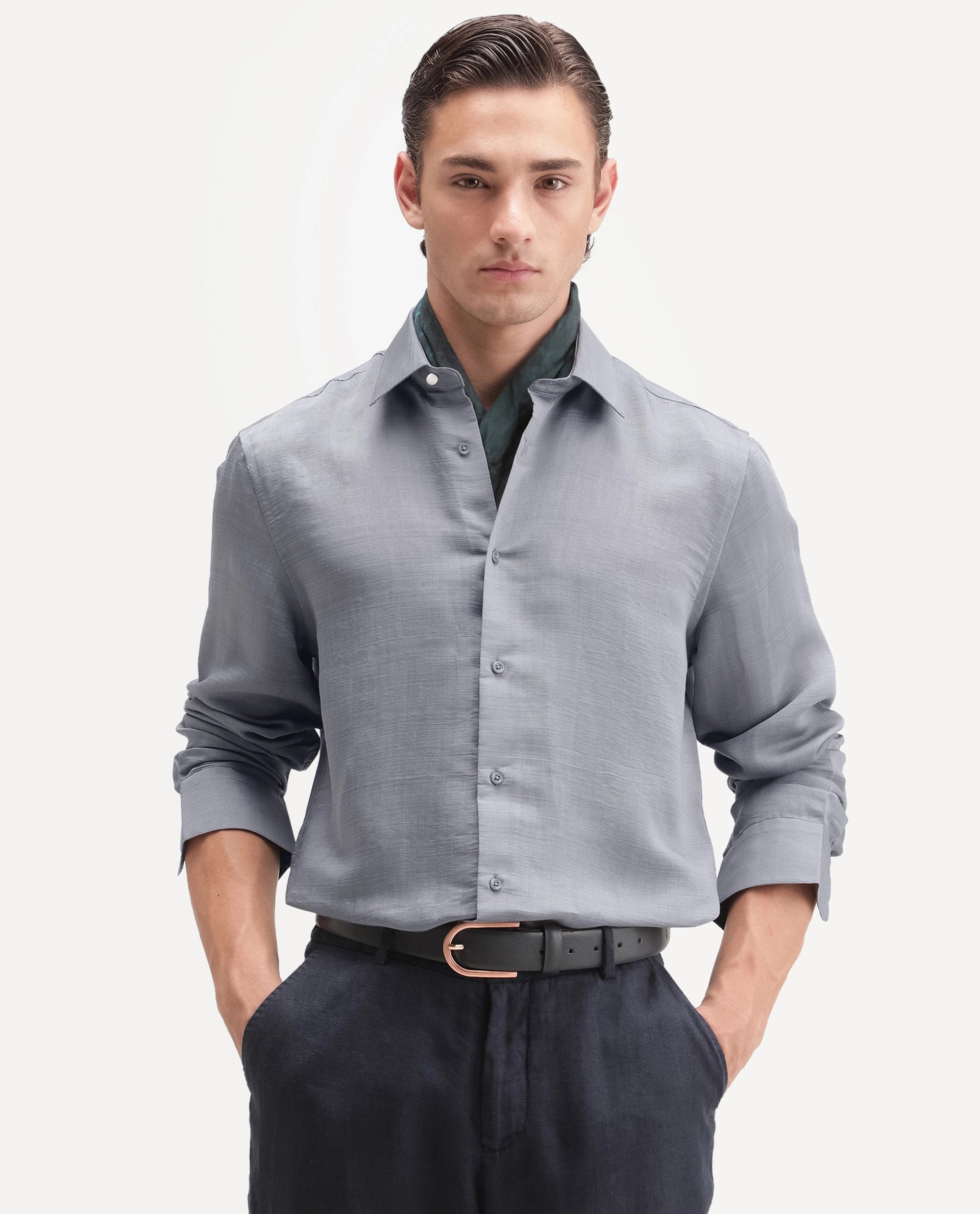 Rare Rabbit Men's Kent R Dusky Purple Viscose Blend Spread Collar Button Regular Plain Shirt