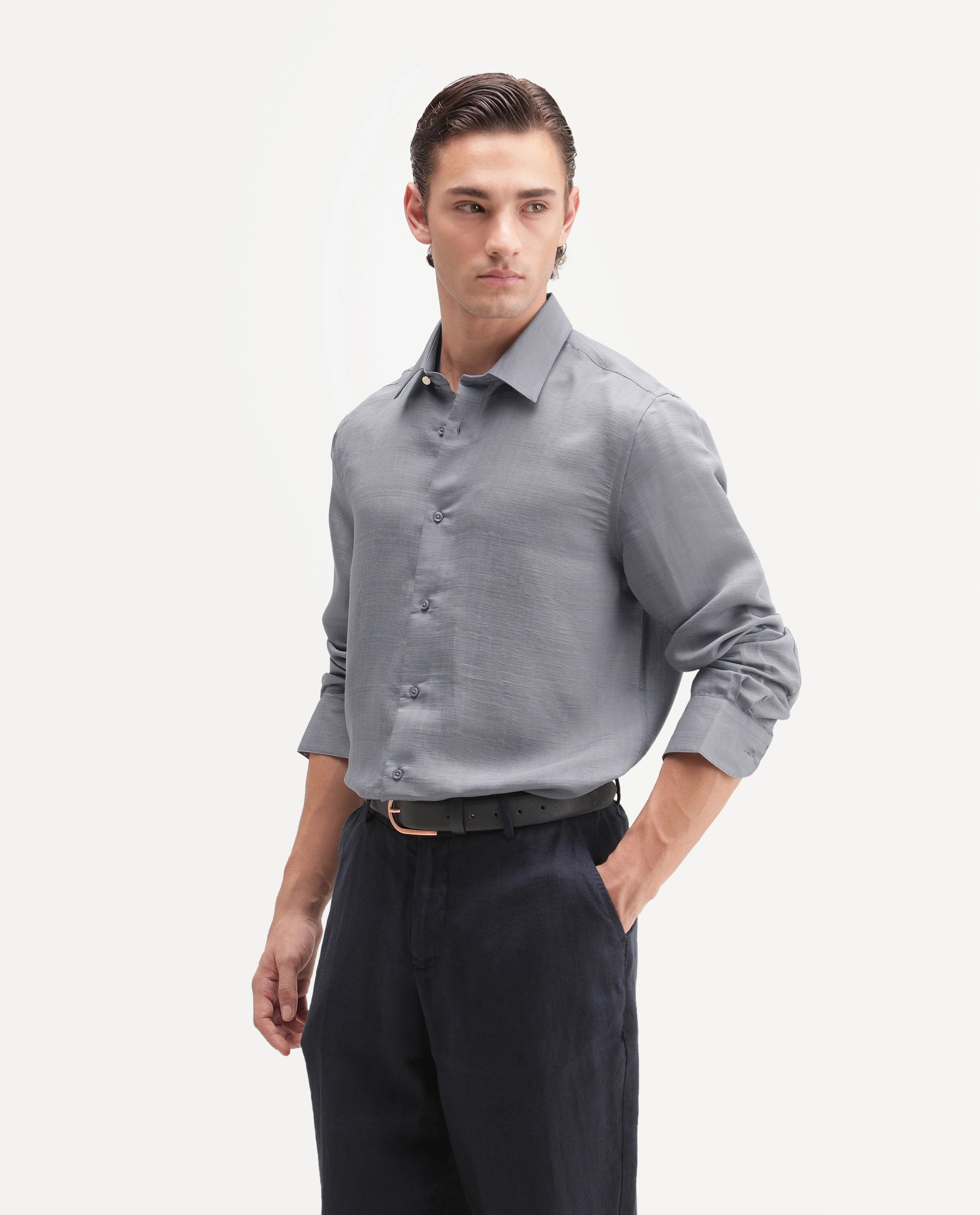 Rare Rabbit Men's Kent R Dusky Purple Viscose Blend Spread Collar Button Regular Plain Shirt