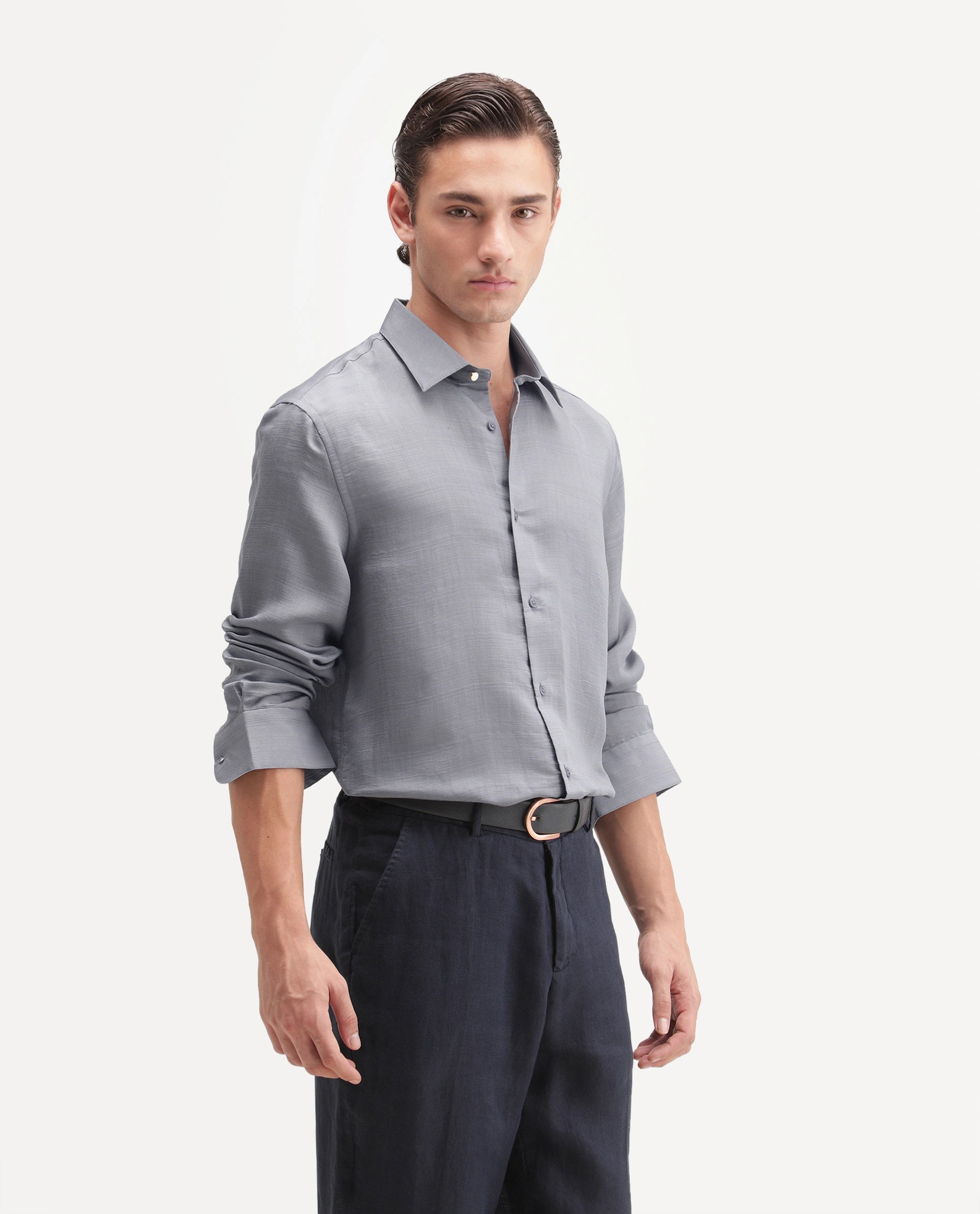 Rare Rabbit Men's Kent R Dusky Purple Viscose Blend Spread Collar Button Regular Plain Shirt