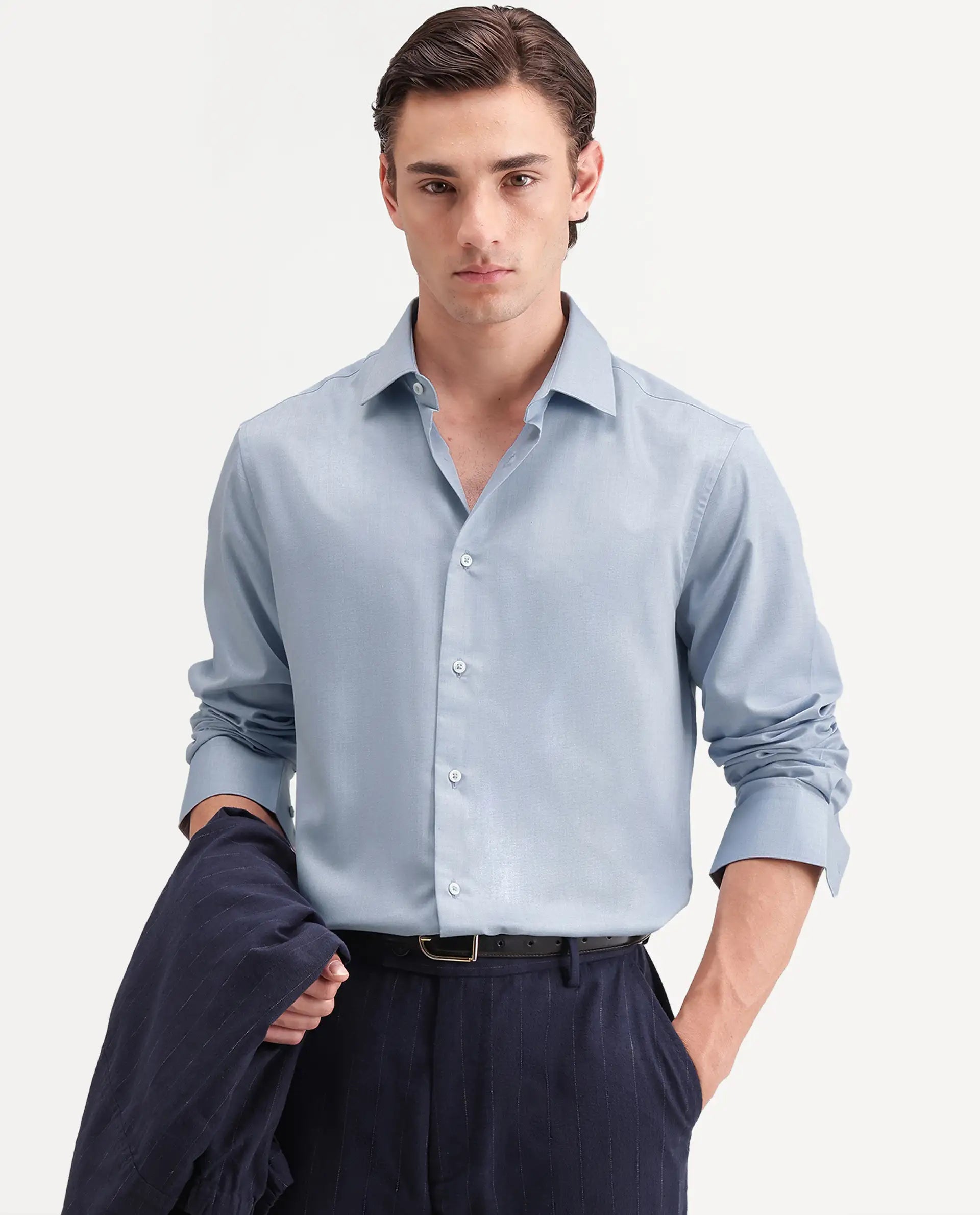 Rare Rabbit Men's Pine Primary Blue Bomboo Blend Spread Collar Button Regular Plain Shirt