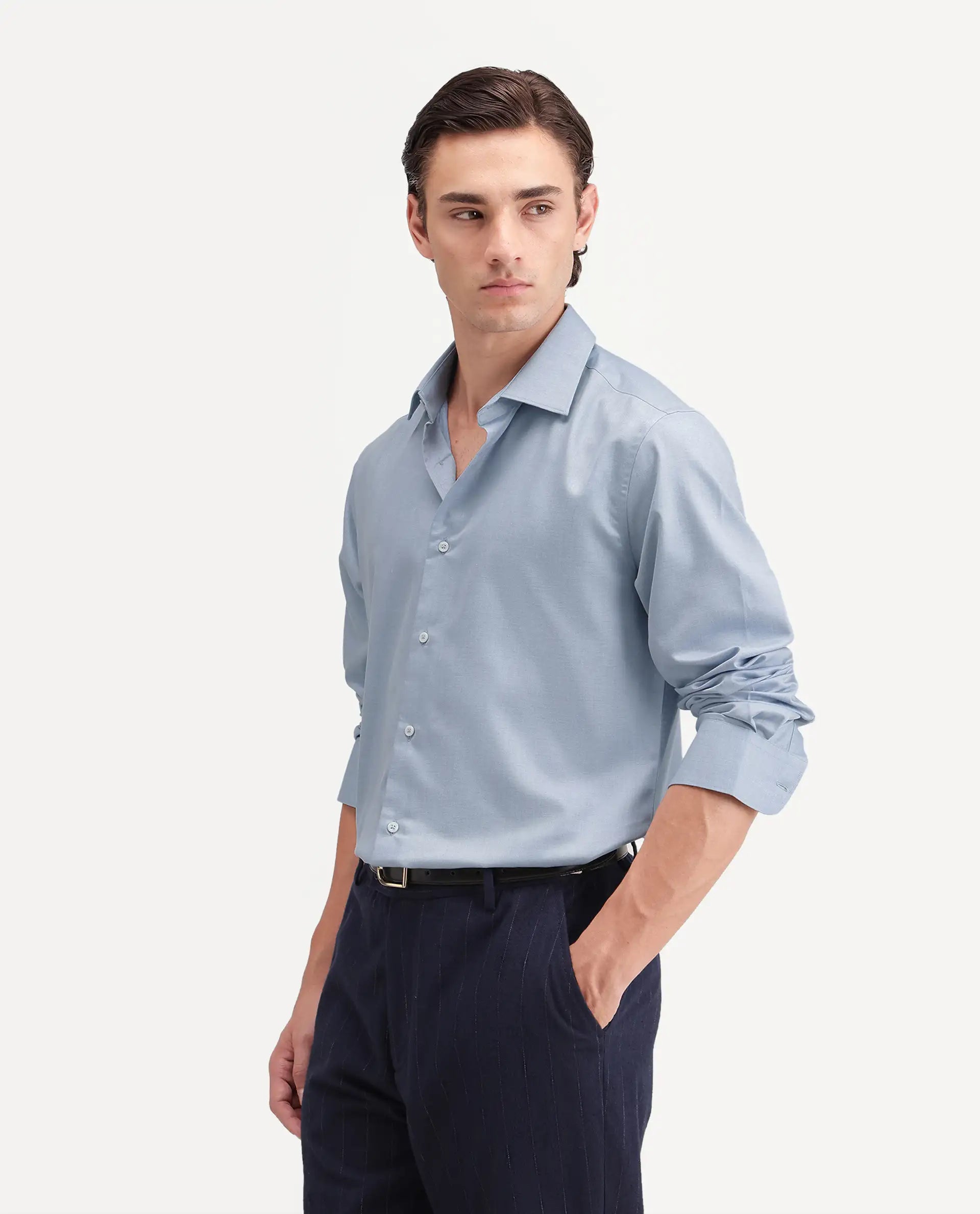 Rare Rabbit Men's Pine Primary Blue Bomboo Blend Spread Collar Button Regular Plain Shirt