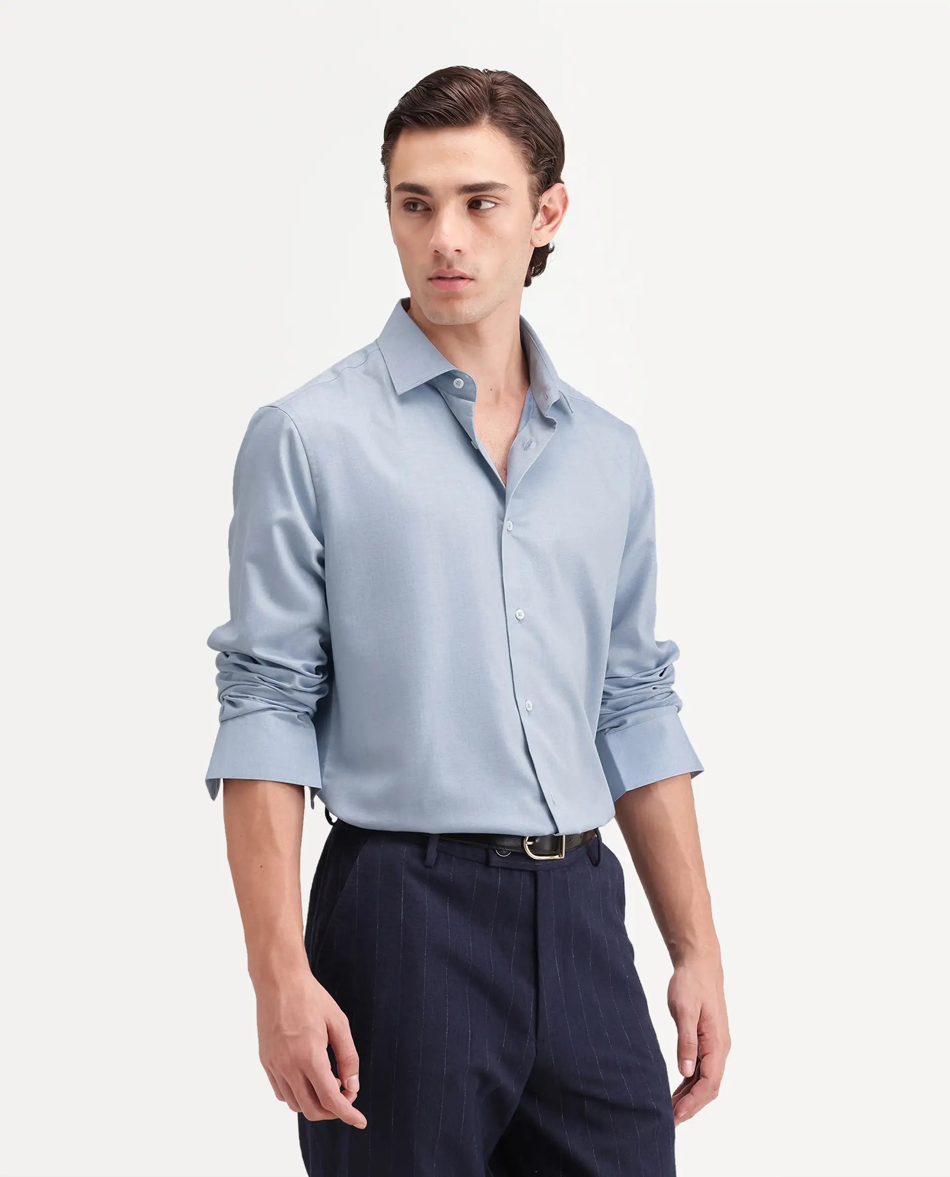 Rare Rabbit Men's Pine Primary Blue Bomboo Blend Spread Collar Button Regular Plain Shirt