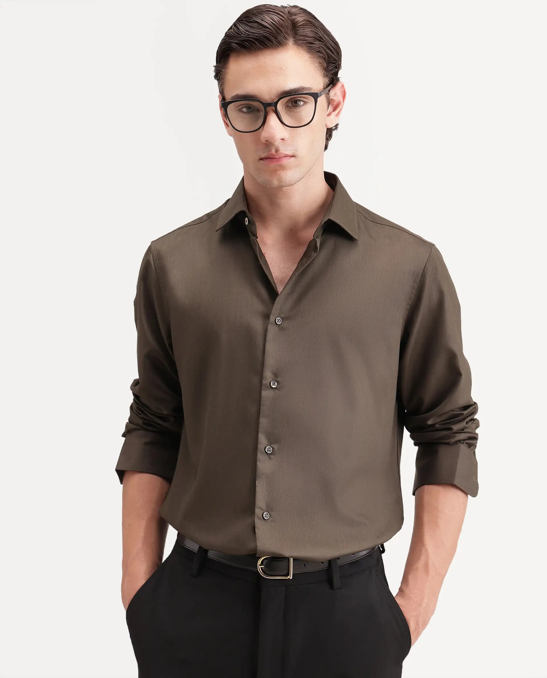 Rare Rabbit Men's Pine Dusky Olive Bomboo Blend Spread Collar Button Regular Plain Shirt