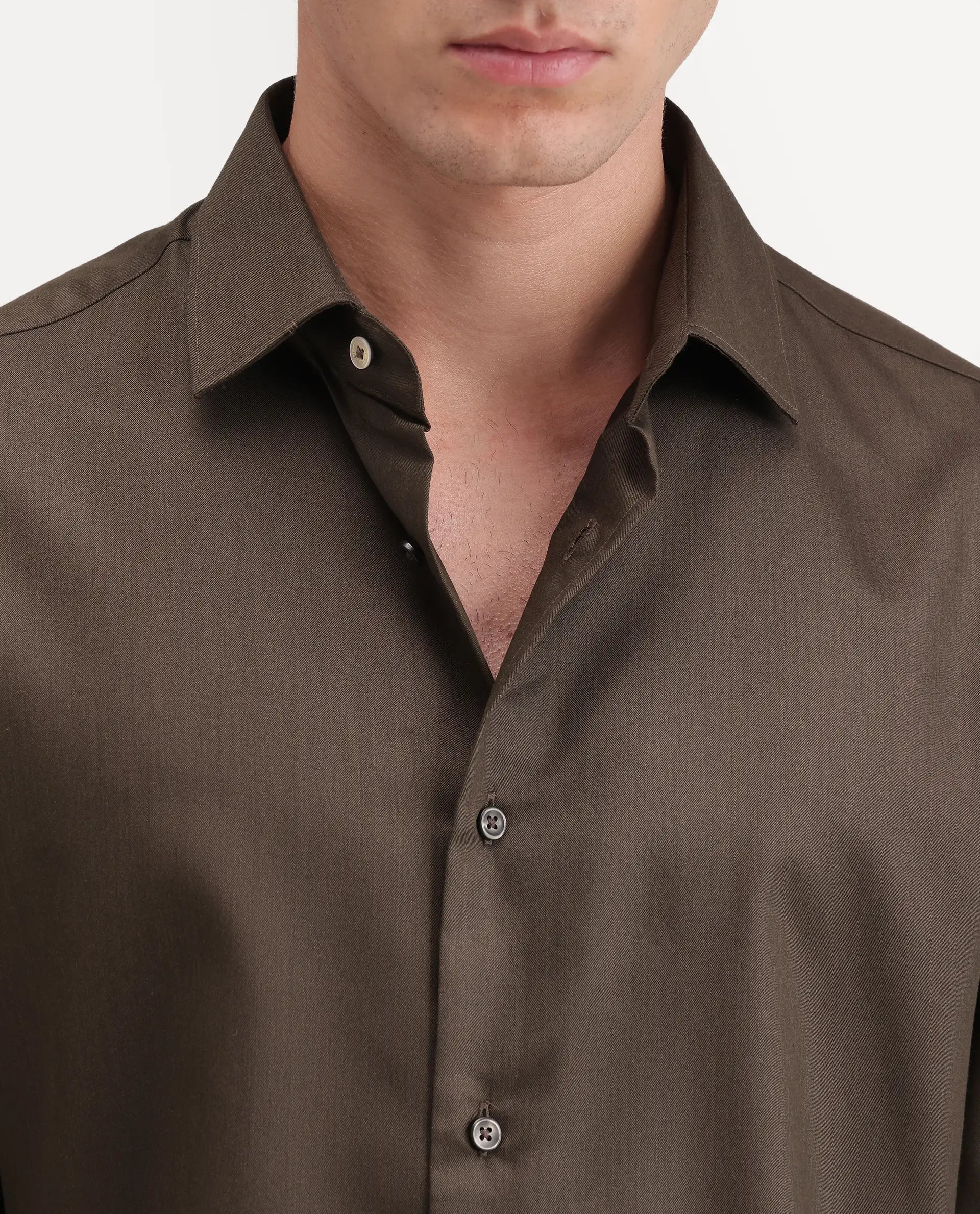 Rare Rabbit Men's Pine Dusky Olive Bomboo Blend Spread Collar Button Regular Plain Shirt
