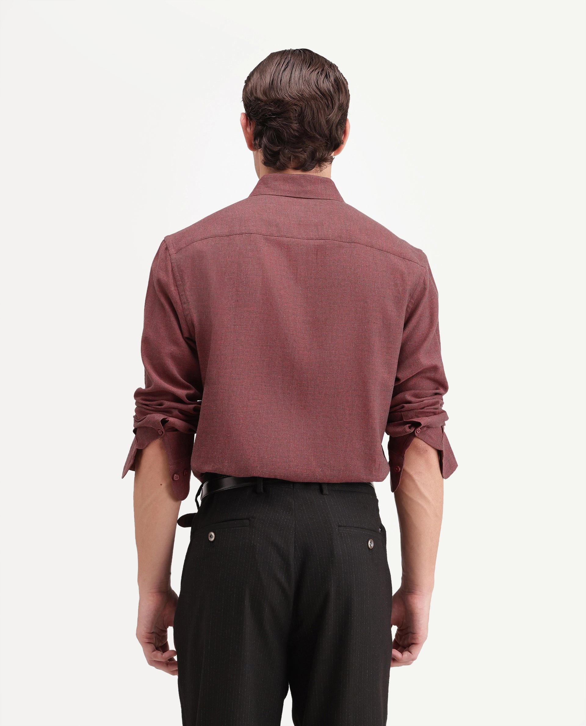 Rare Rabbit Men's Radio Dusky Red Cotton Spread Collar Button Regular Plain Shirt
