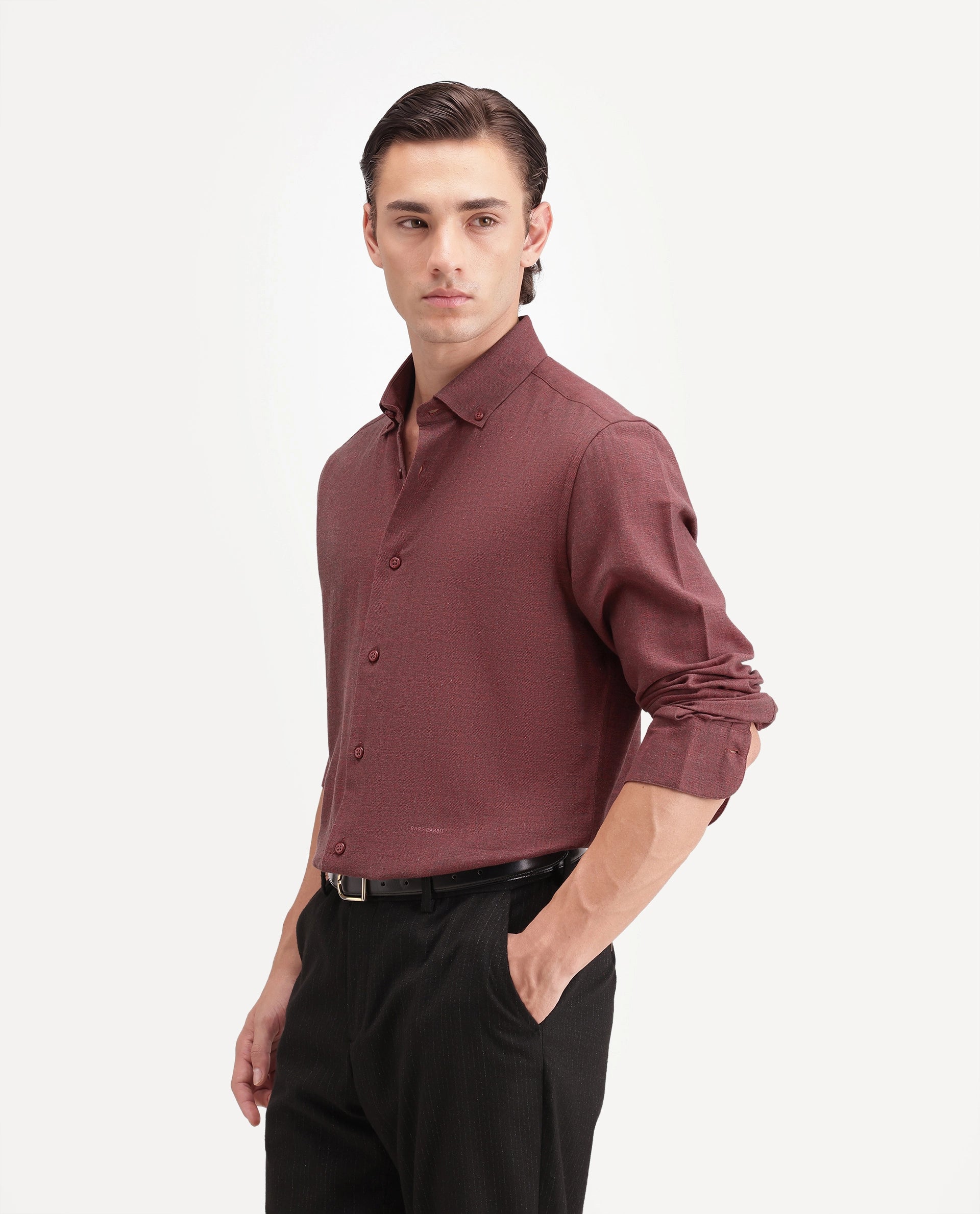 Rare Rabbit Men's Radio Dusky Red Cotton Spread Collar Button Regular Plain Shirt